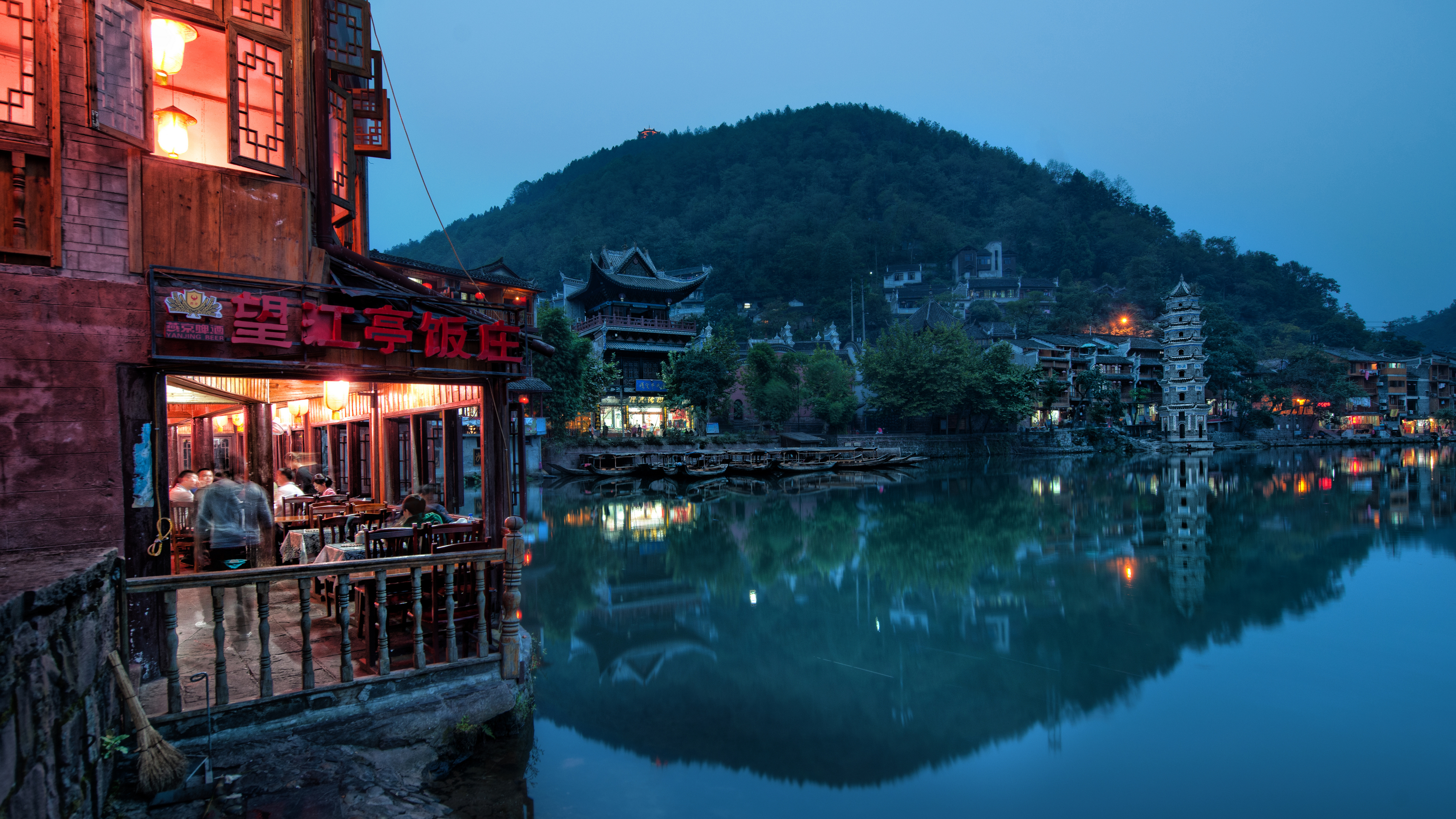 General 3840x2160 China photography water reflection mountains lights hills building restaurant people architecture Hunan Province
