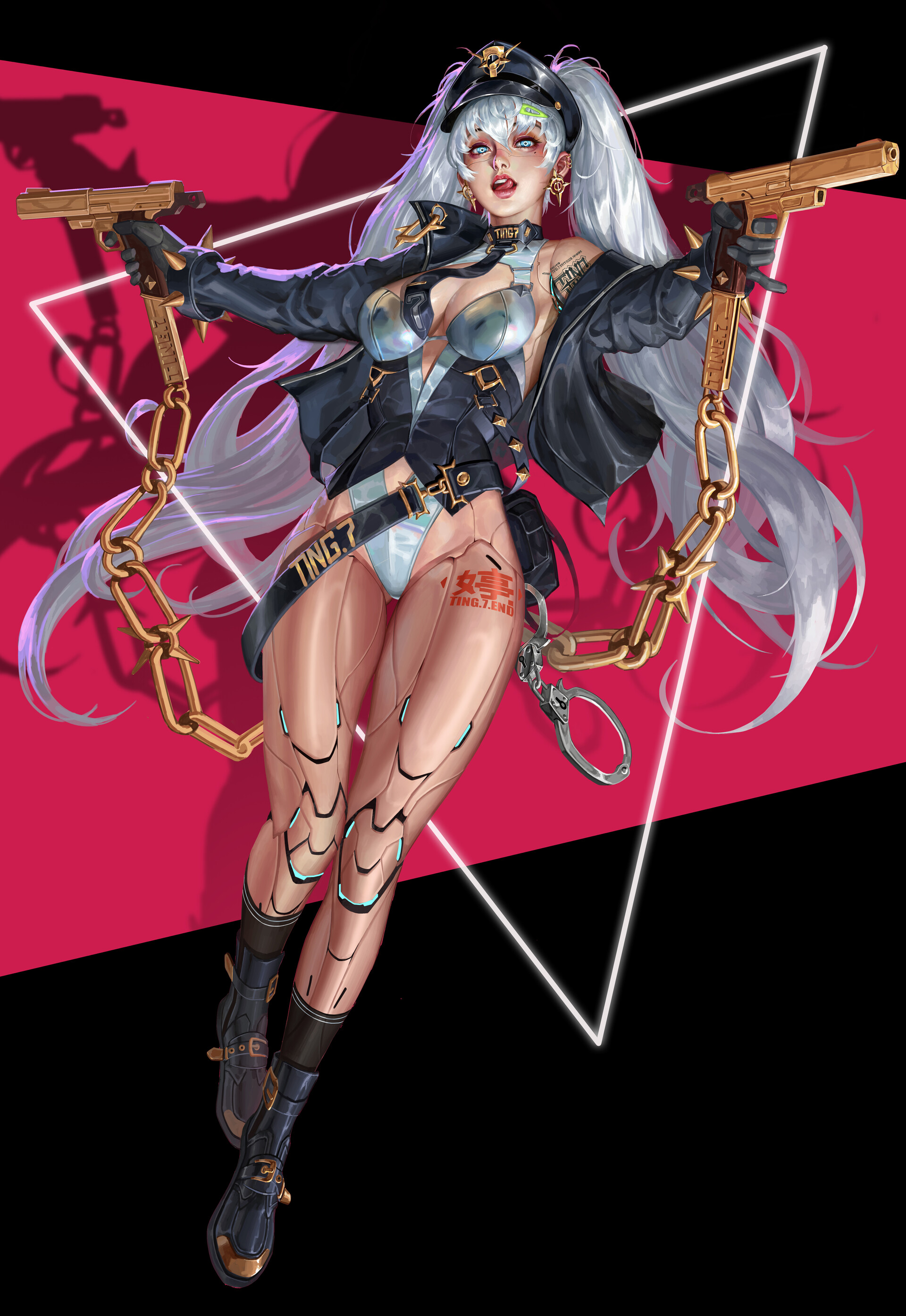 General 1920x2788 Zhongguo Duliu drawing women blue eyes tongue out skimpy clothes weapon pistol triangle shadow androids gun girls with guns chains fantasy art fantasy girl twintails thighs