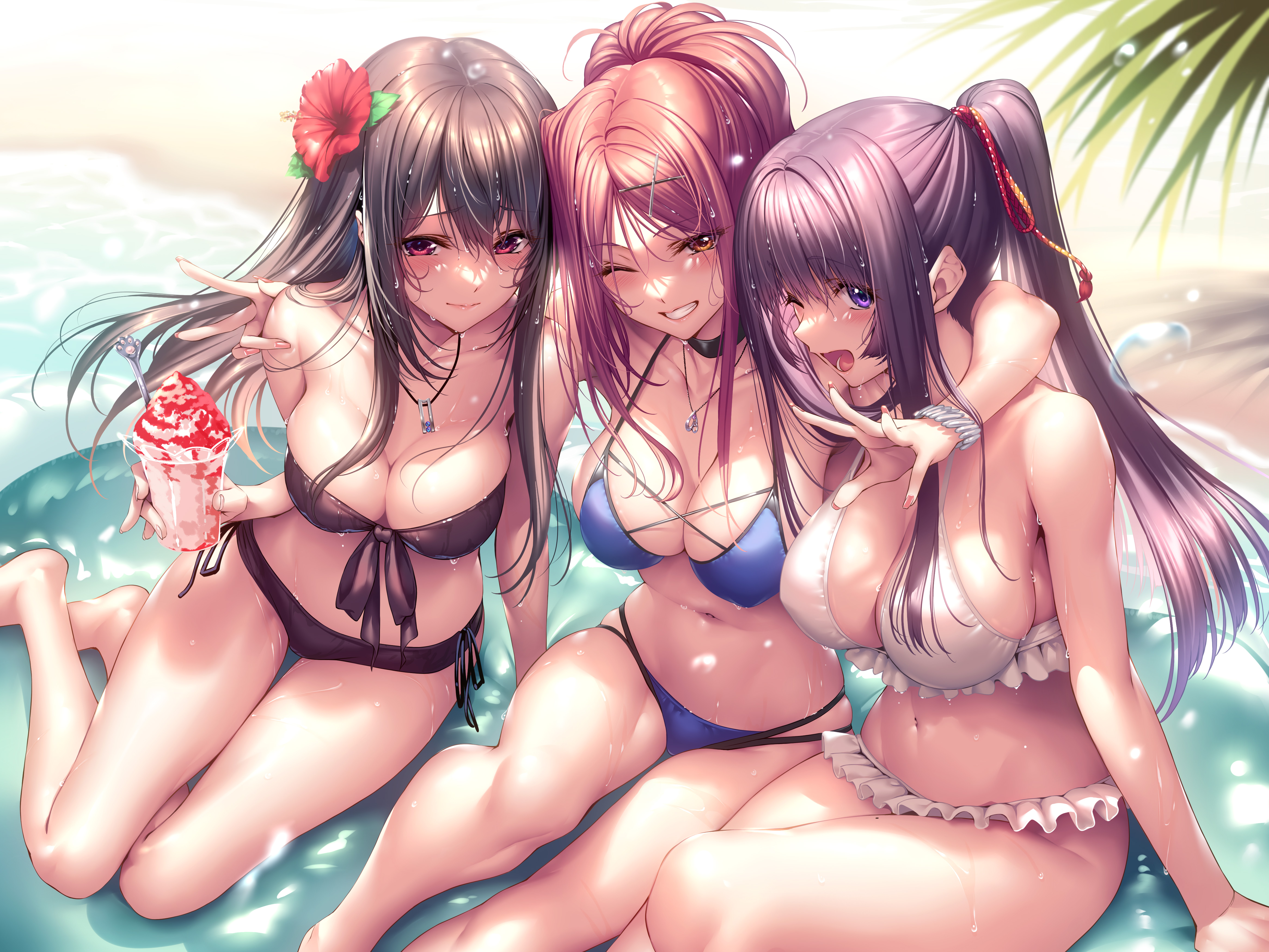 Anime 4662x3499 anime girls anime women trio bikini beach ice cream hibiscus cleavage flowers water flower in hair boobs big boobs necklace wet body wet clothing one eye closed dripping choker ponytail legs belly button blushing water drops high angle thighs piromizu wink bright