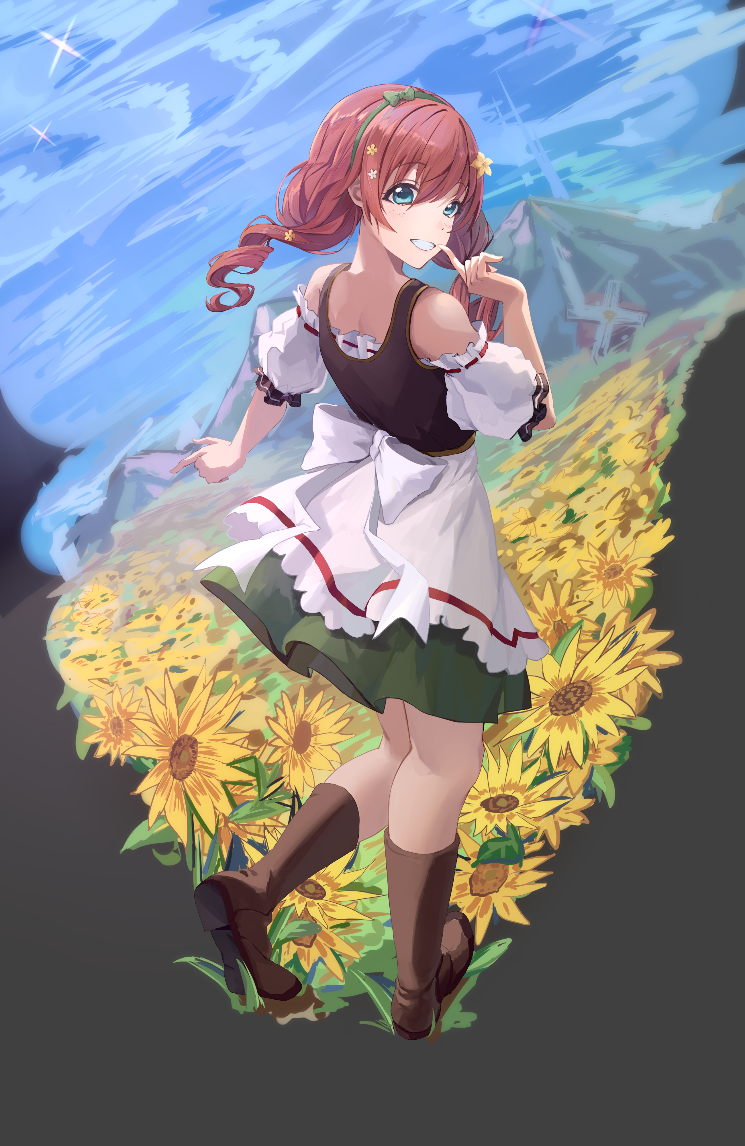 Anime 2600x4000 anime anime girls flowers dandelion redhead blue eyes mountains flower in hair boots