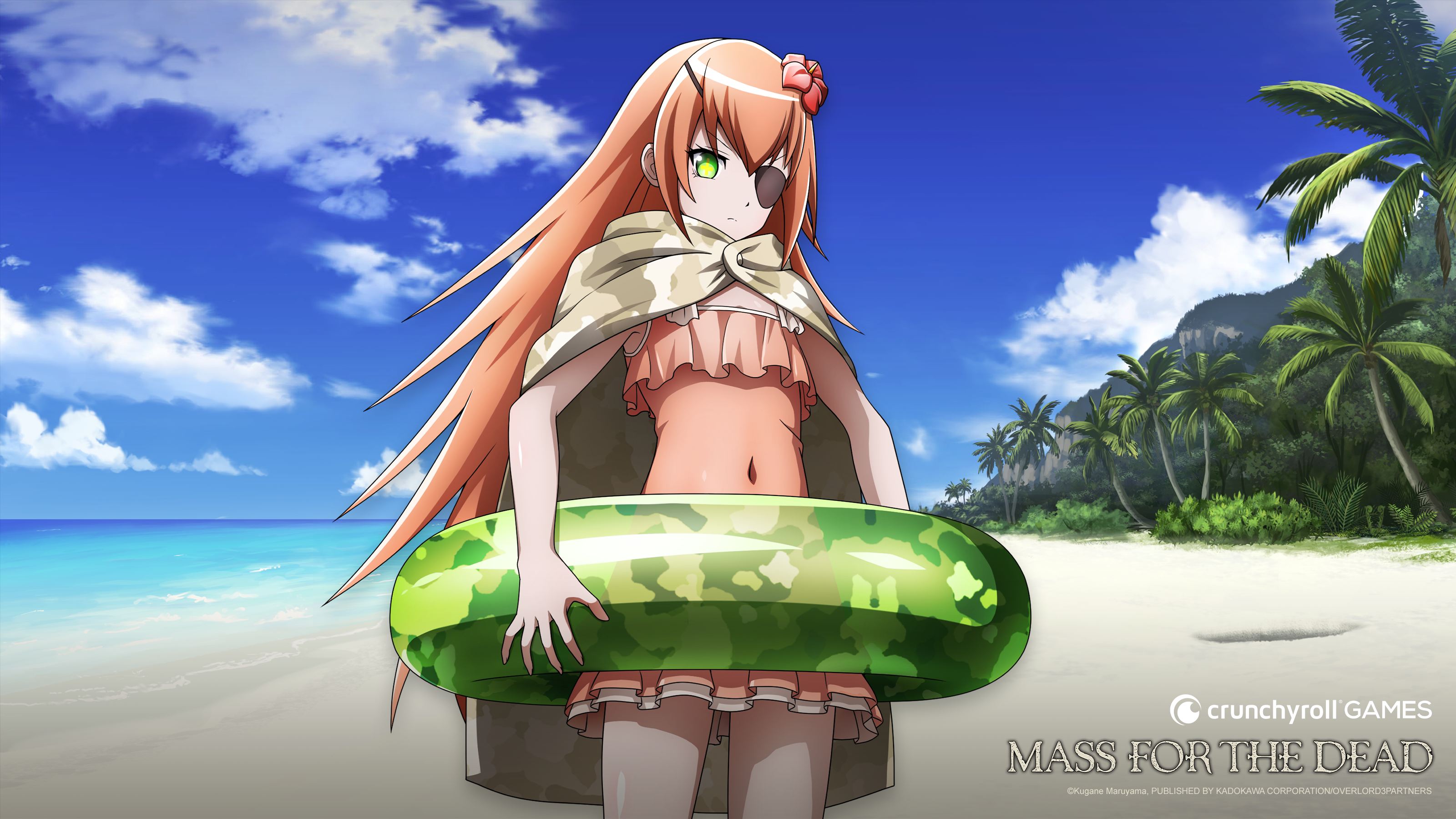 Anime 3200x1800 Overlord (anime) CZ2128 Delta pink hair Pleiades (Overlord) beach floater eyepatches palm trees clouds anime anime girls redhead long hair green eyes flower in hair swimwear belly button