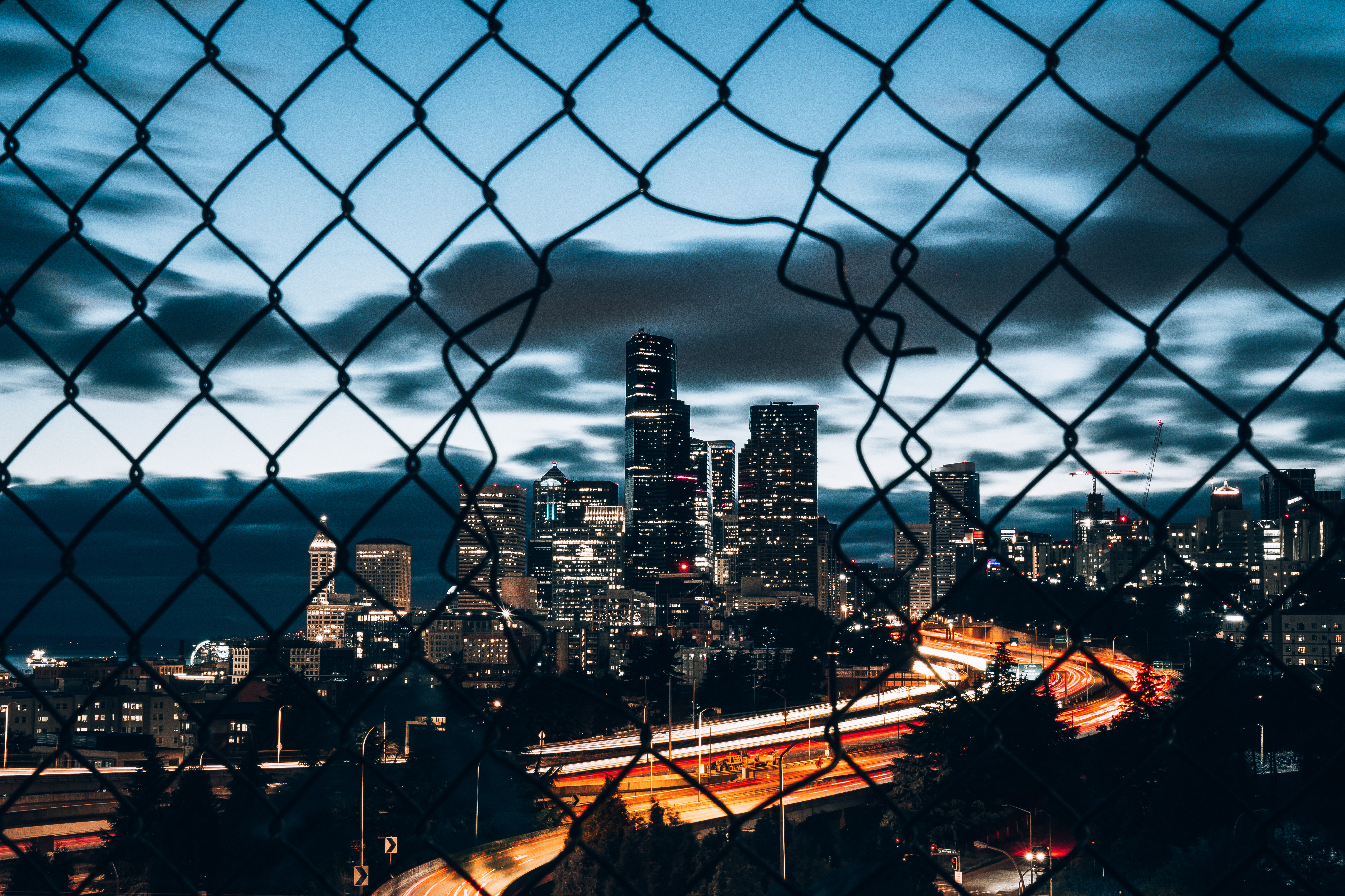 General 4840x3227 city night Seattle chain-link fence low light long exposure