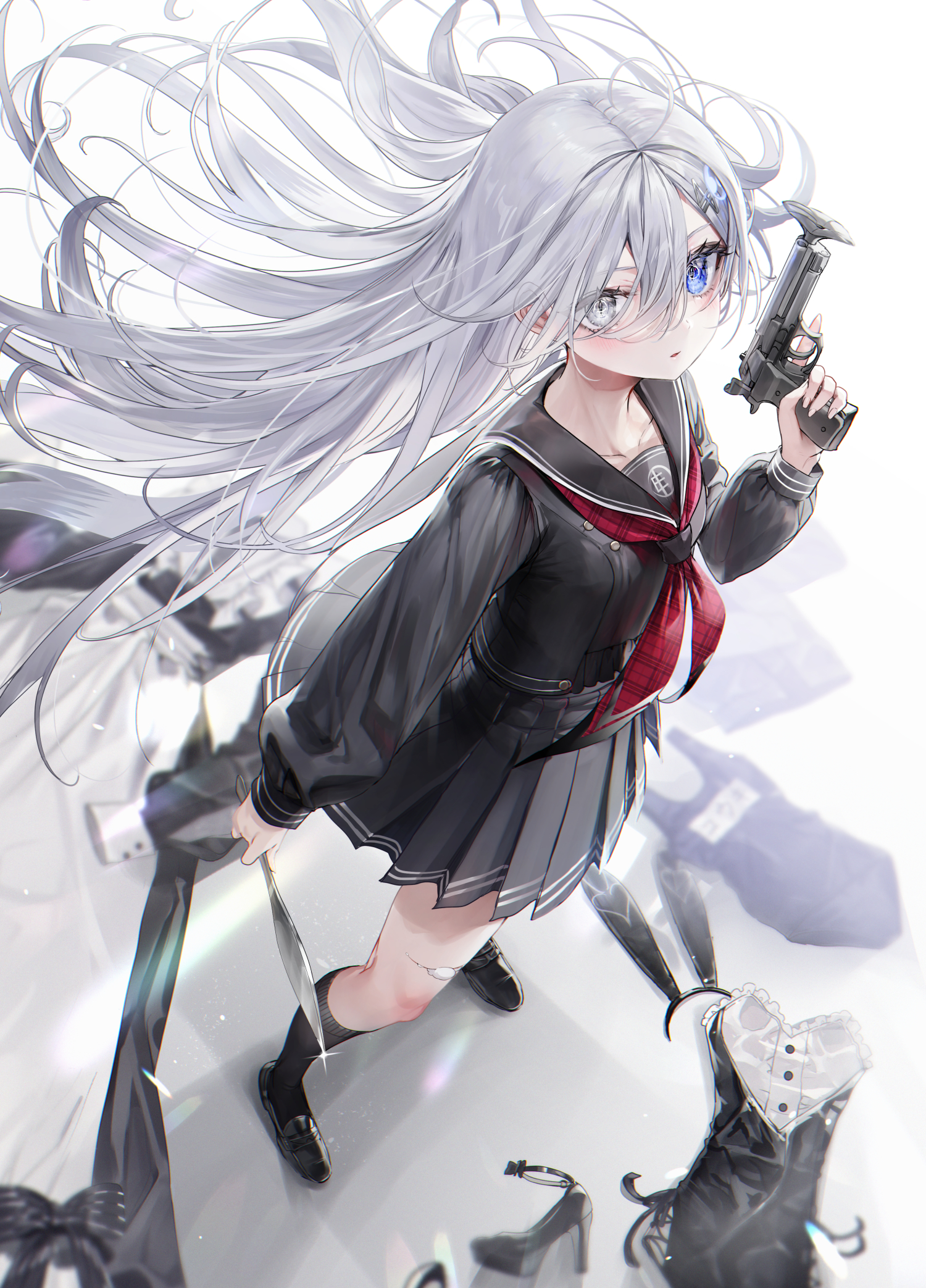 Anime 1500x2086 anime anime girls gun girls with guns schoolgirl school uniform white hair heterochromia
