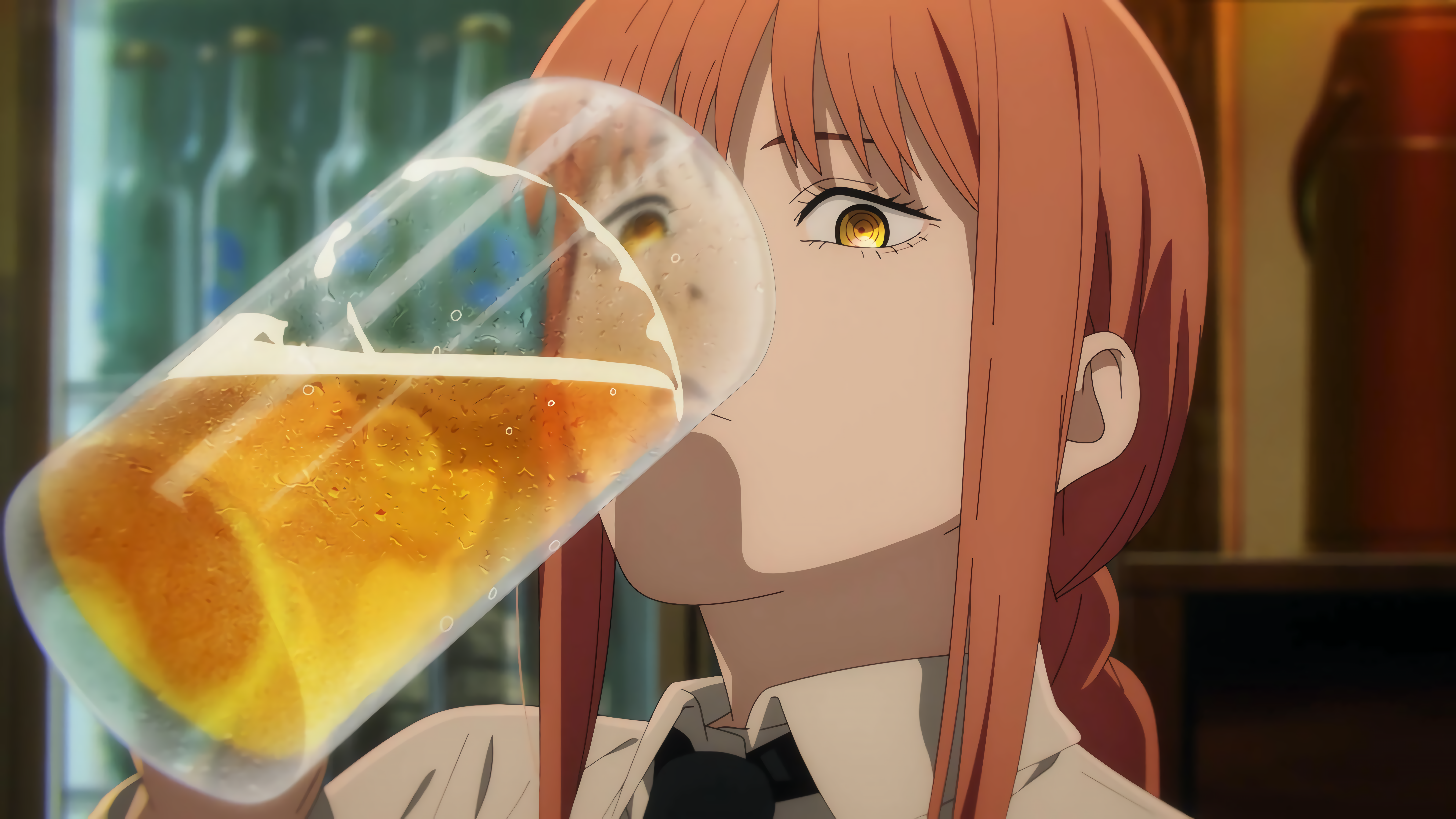 Anime 7680x4320 Makima (Chainsaw Man) beer beer mugs anime girls yellow eyes redhead Chainsaw Man drinking anime Anime screenshot