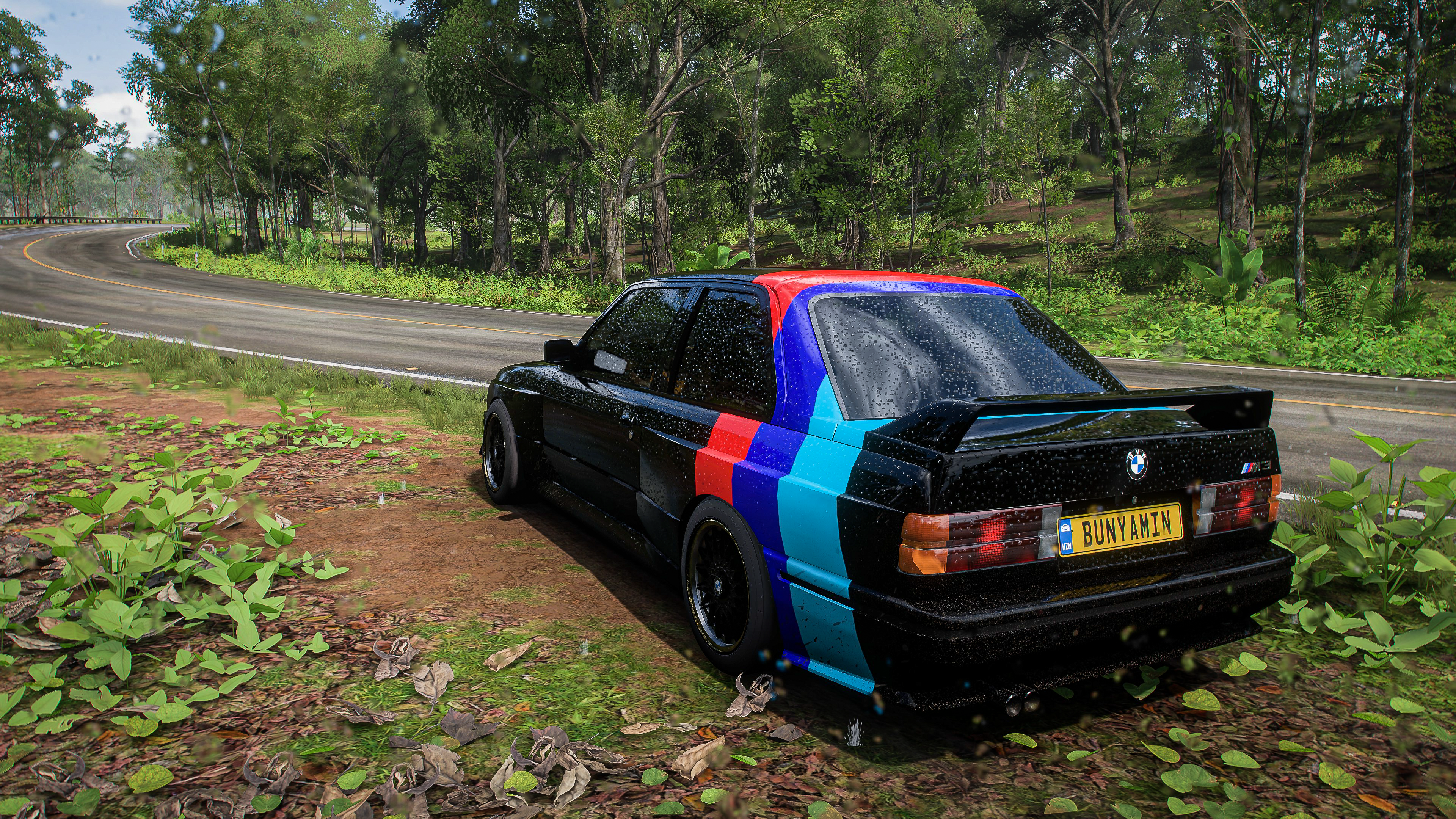 General 3840x2160 Forza Horizon 5 Forza Forza Horizon BMW BMW M3  jungle forest video games video game art vehicle car old car CGI trees road licence plates taillights German cars PlaygroundGames