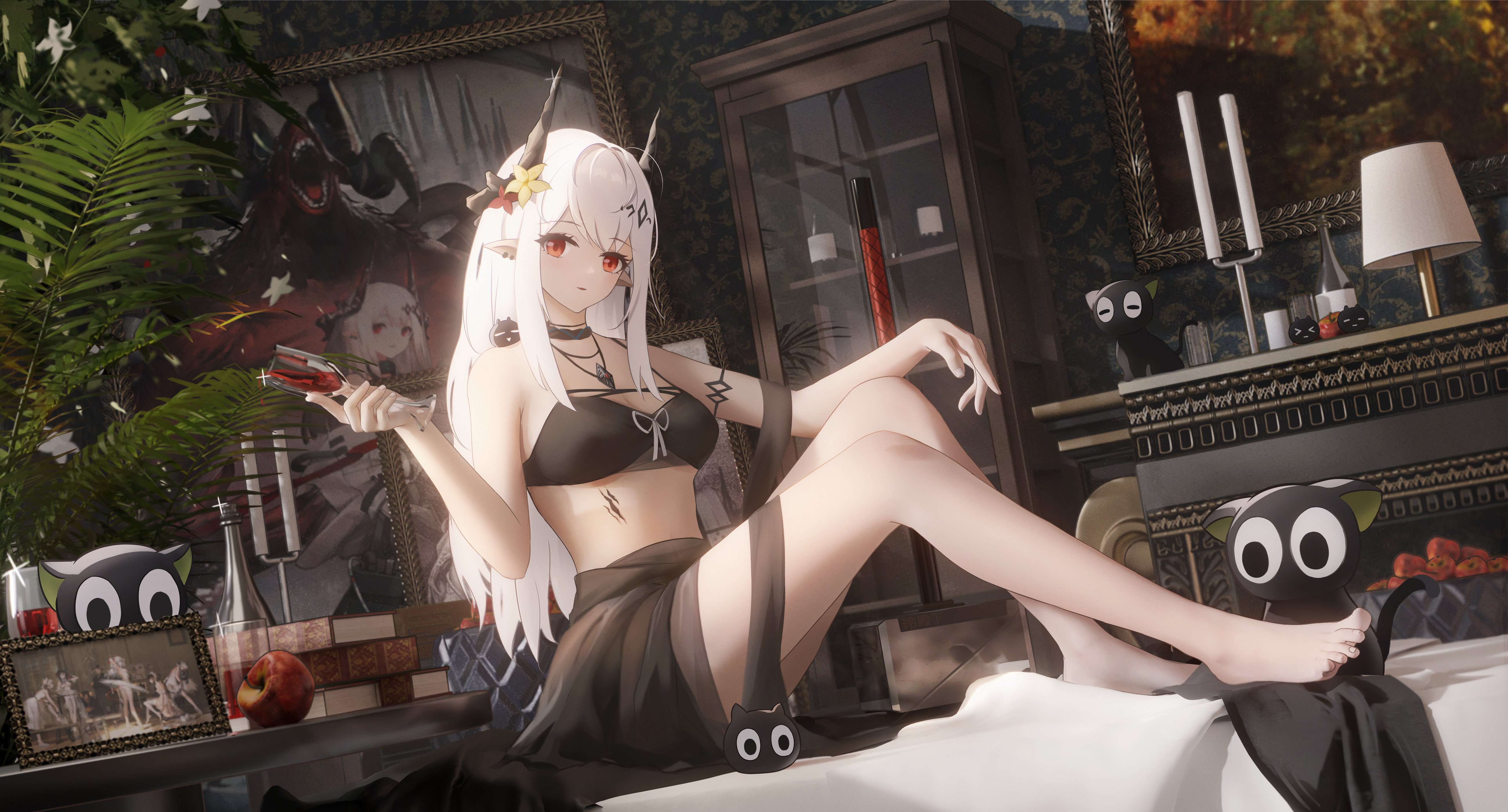 Anime 5200x2800 anime girls black skirts white hair Mudrock (Arknights) Arknights wine wine glass pointy ears red eyes belly necklace choker