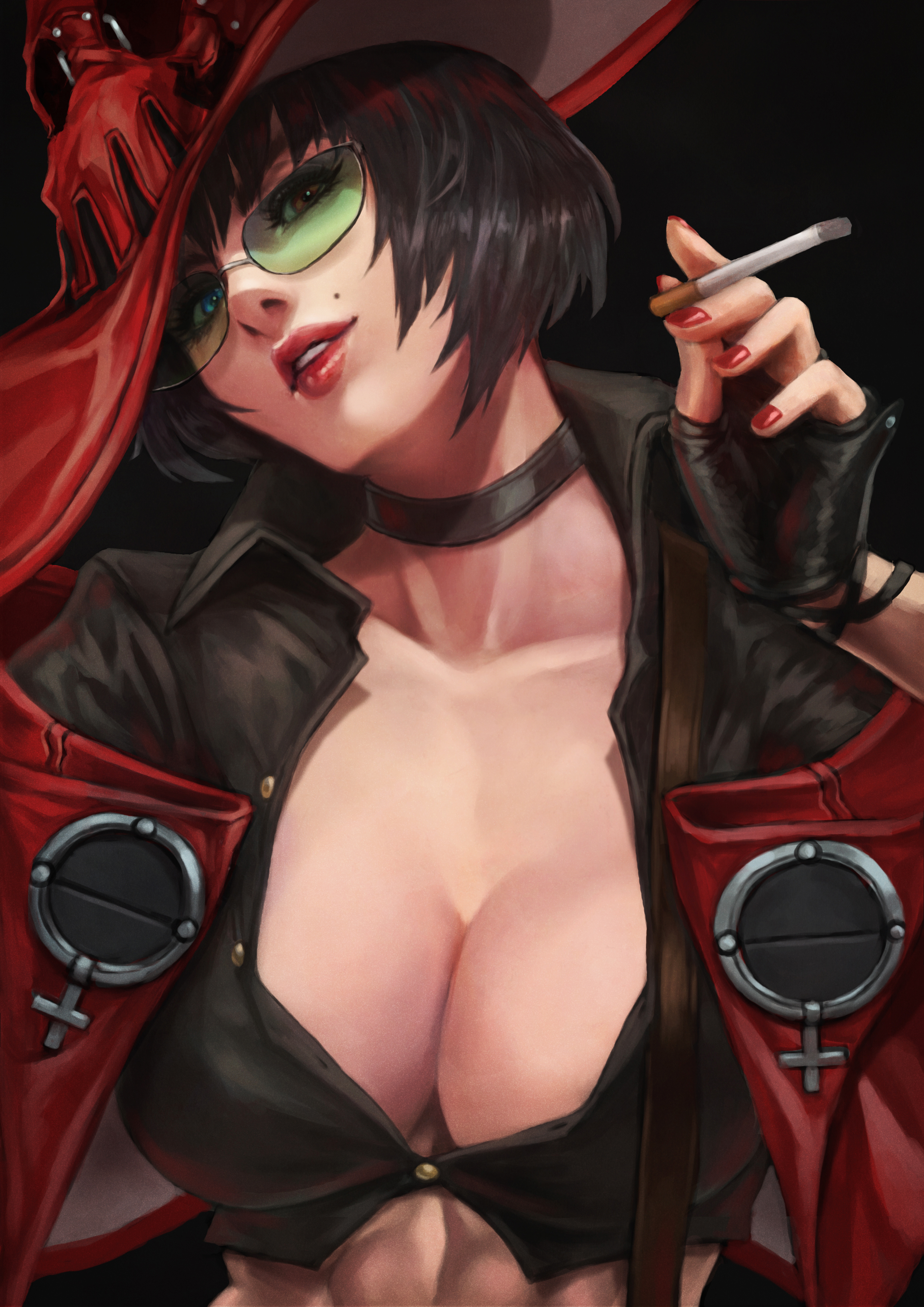 Anime 2480x3508 anime girls anime moles red lipstick glasses hat parted lips big boobs cleavage gloves fingerless gloves choker cigarettes leather heterochromia head tilt I-No I-No (Guilty Gear)