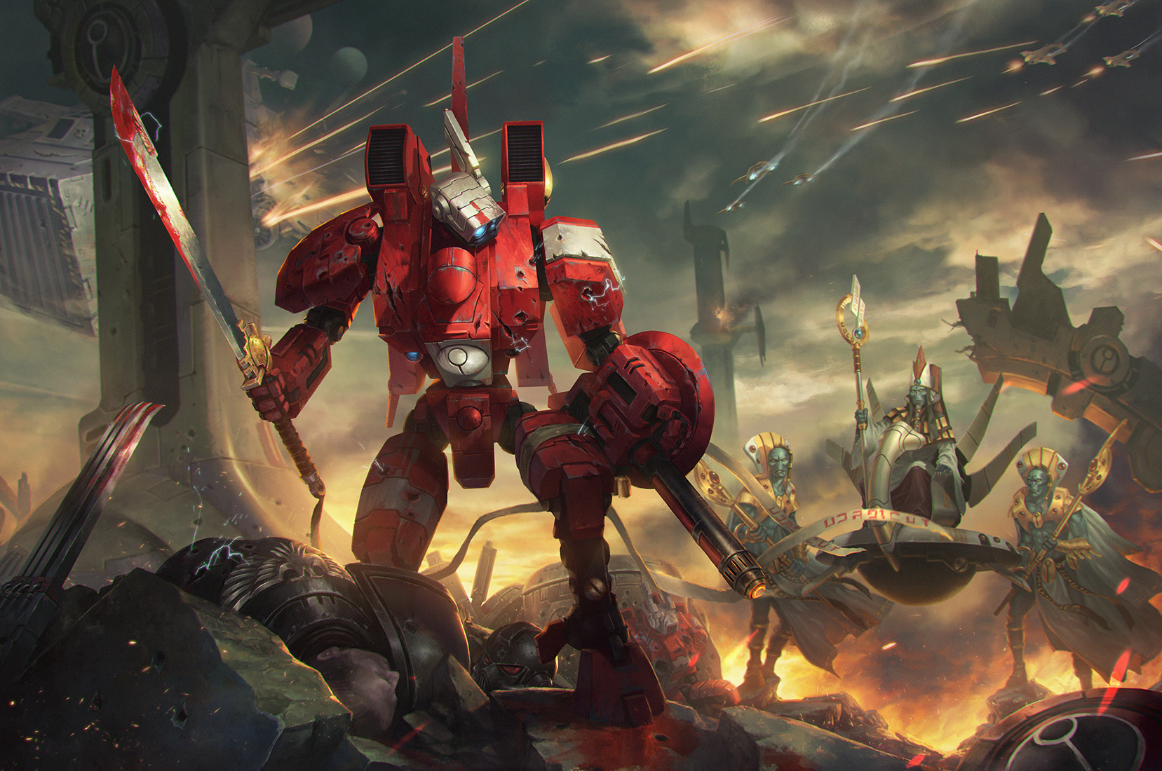 General 1657x1100 Warhammer Warhammer 40,000 Tau Tau Empire Farsight Enclaves red black white science fiction high tech Farsight sword shield blood tracer shots drone gold army battle fighting battlesuit ion blaster xenos aliens power armor jetpack fire video games video game art video game characters