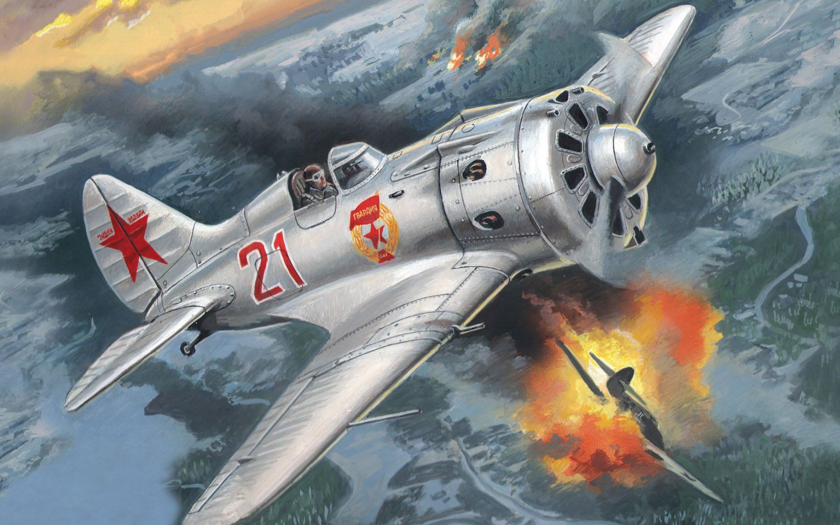 General 1680x1050 aircraft military Polikarpov I-16 military vehicle smoke explosion artwork flying sky dogfight Soviet Air Forces air force World War II Boxart