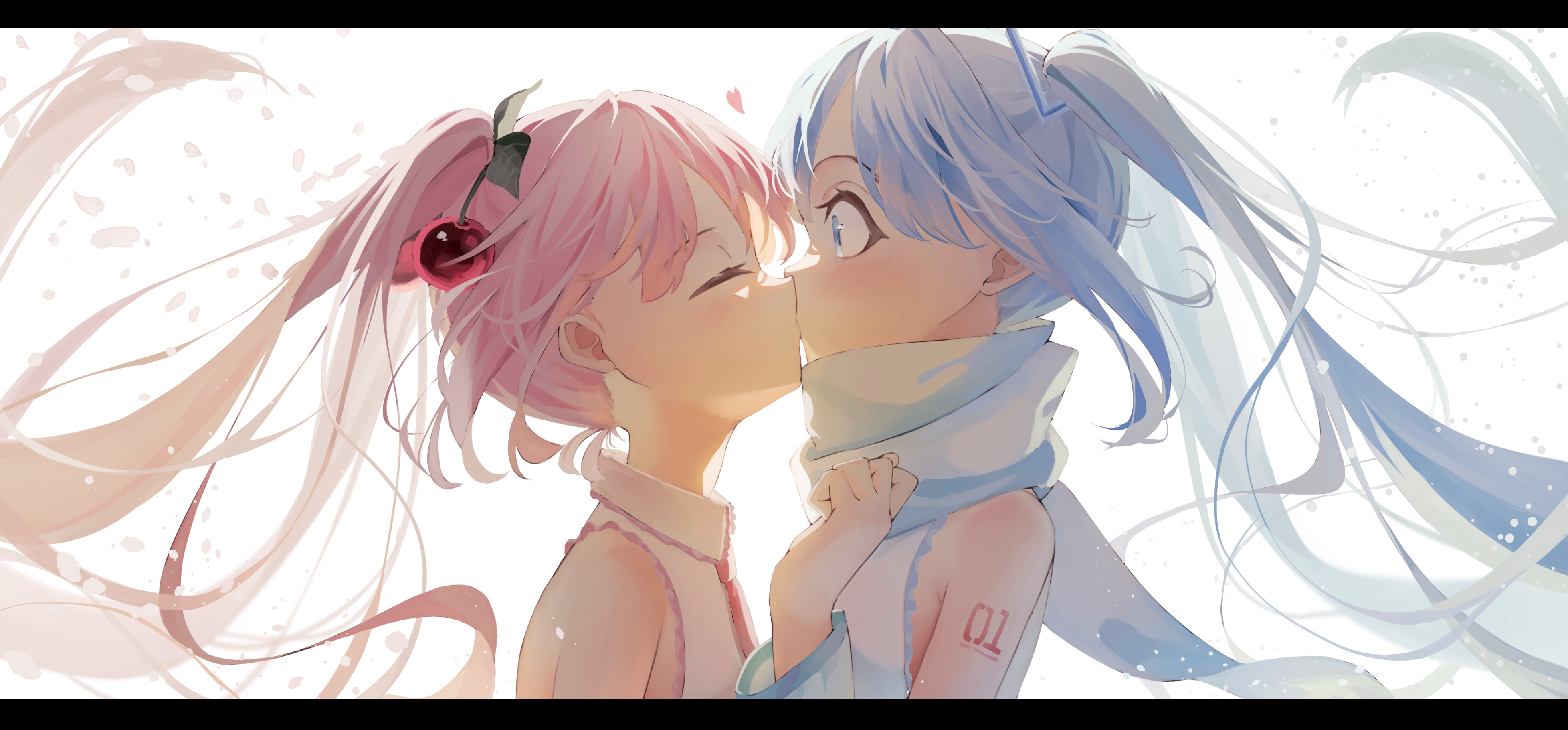 Anime 3912x1820 anime anime girls women kissing yuri surprised Vocaloid Hatsune Miku lesbians closed eyes long hair scarf petals heart blue hair pink hair white background simple background minimalism twintails