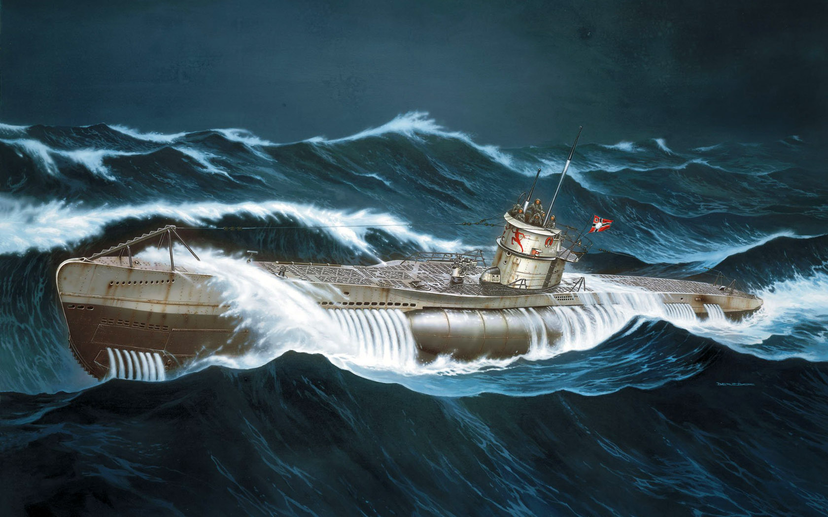 General 1680x1050 warship military water ship artwork waves flag navy Kriegsmarine U-Boat submarine World War II