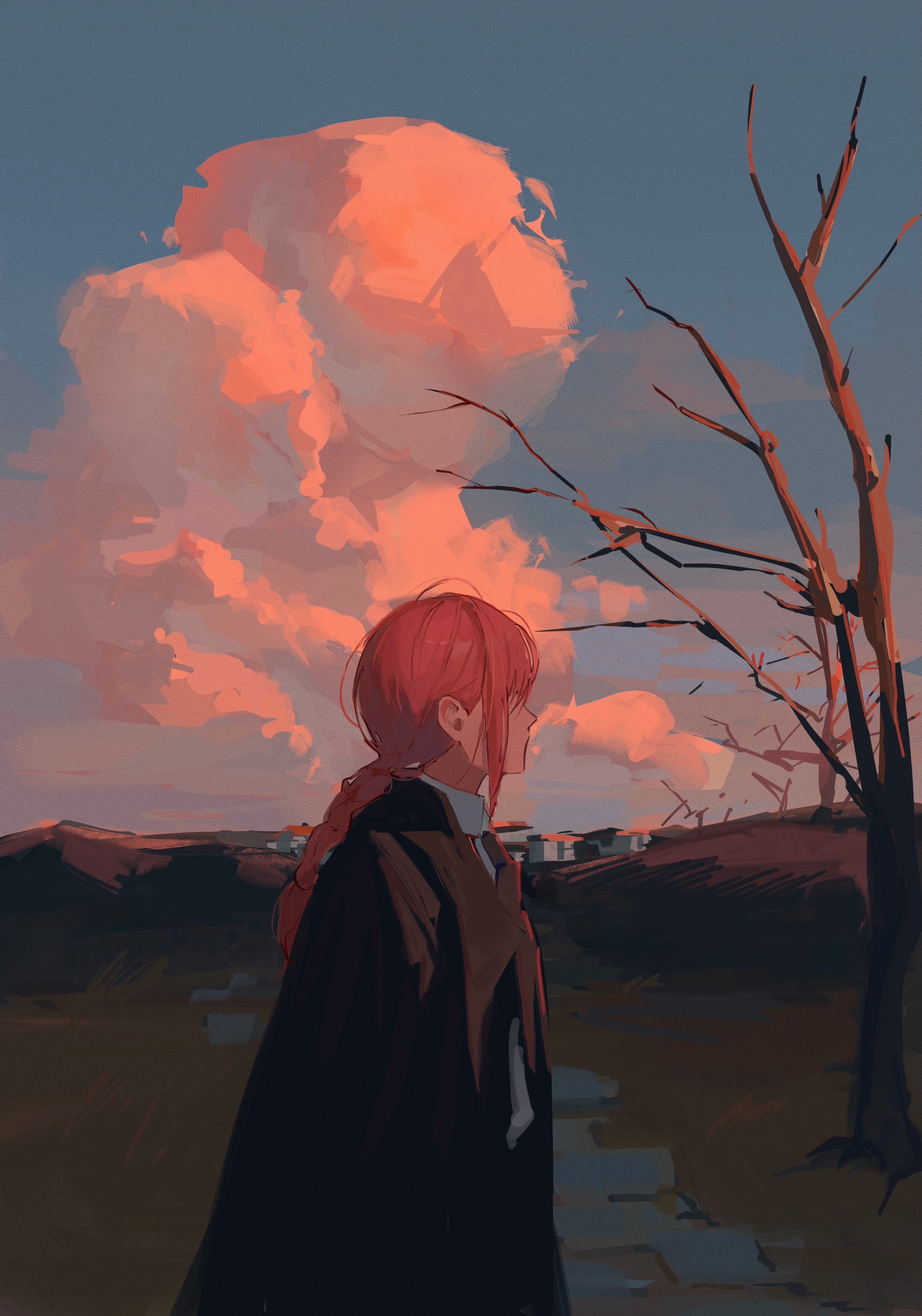 Anime 2463x3514 Makima (Chainsaw Man) Chainsaw Man clouds anime girls looking away sky portrait display redhead braids suit and tie