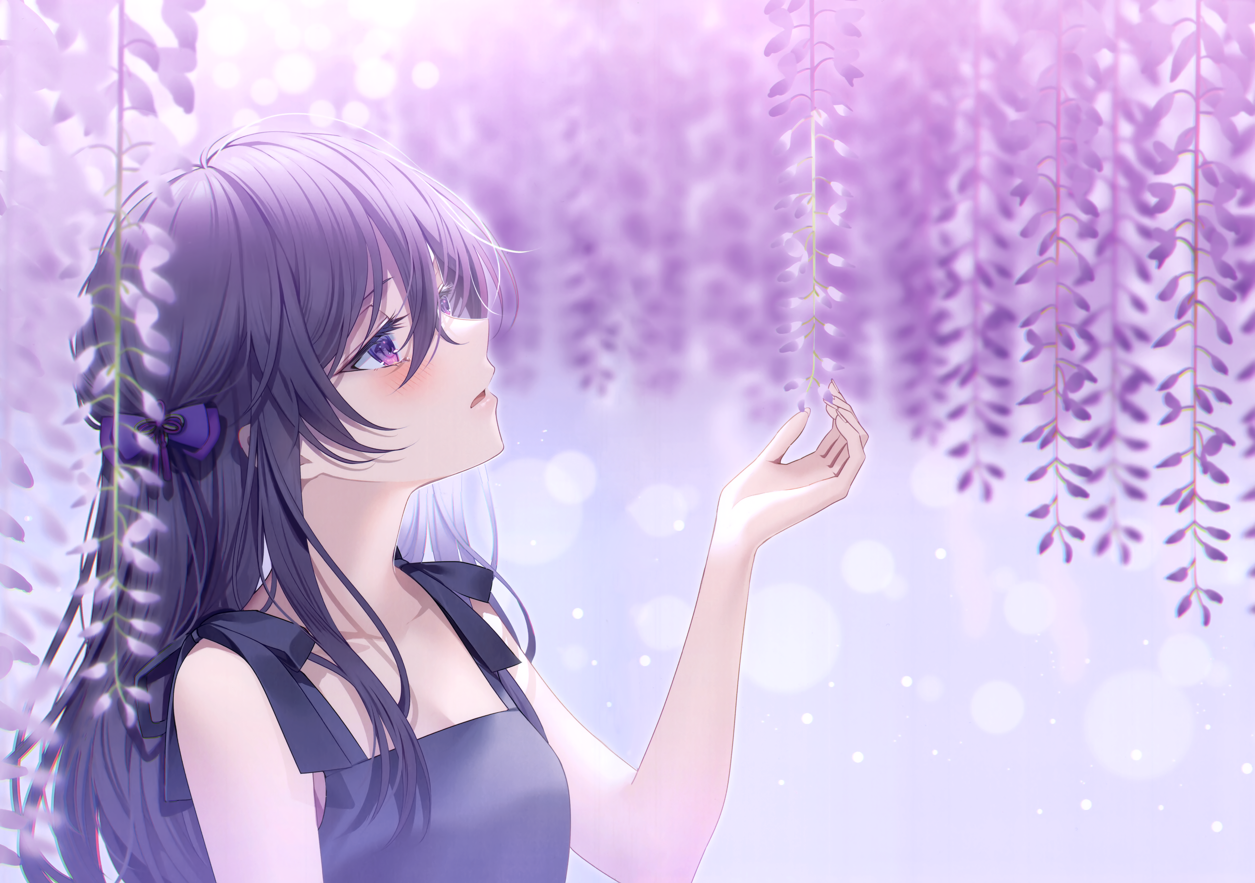 Anime 4868x3426 anime Pixiv anime girls flowers purple hair purple eyes blushing looking away bow tie long hair