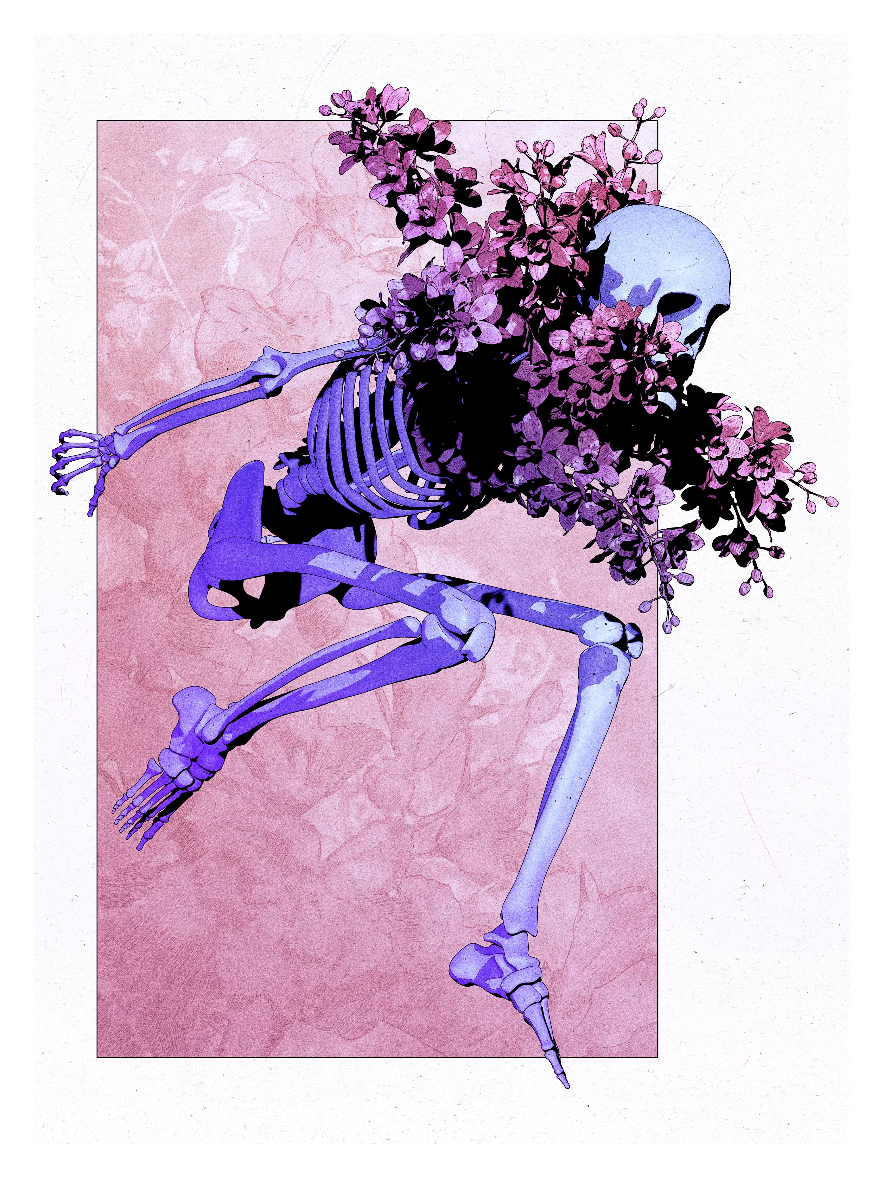 General 3072x4096 skeleton illustration digital art lavender spooky DanielTaylor flowers portrait display simple background bones