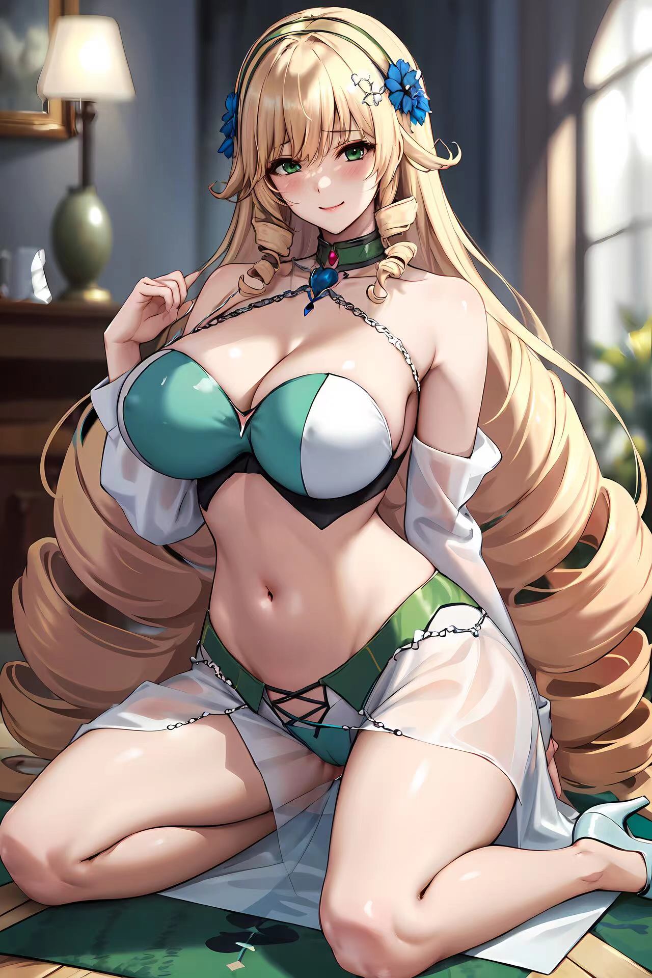 Anime 1280x1920 AI art anime girls green eyes looking at viewer portrait display cleavage big boobs long hair smiling blushing flower in hair blonde belly belly button lamp sunlight heels