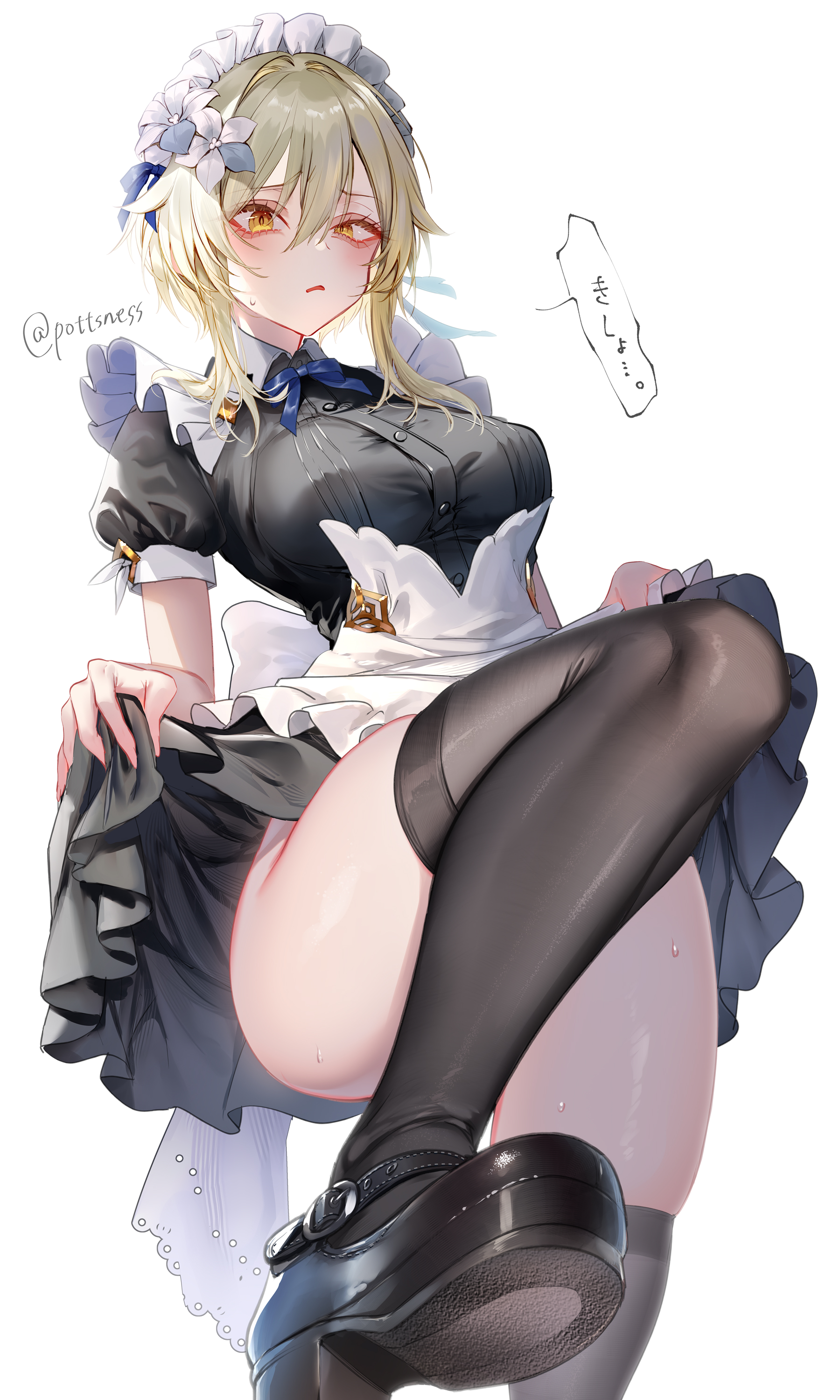 Anime 1800x3000 Genshin Impact Lumine (Genshin Impact) Pottsness anime girls maid outfit stockings portrait display Japanese white background simple background blonde yellow eyes flower in hair looking at viewer lifting dress