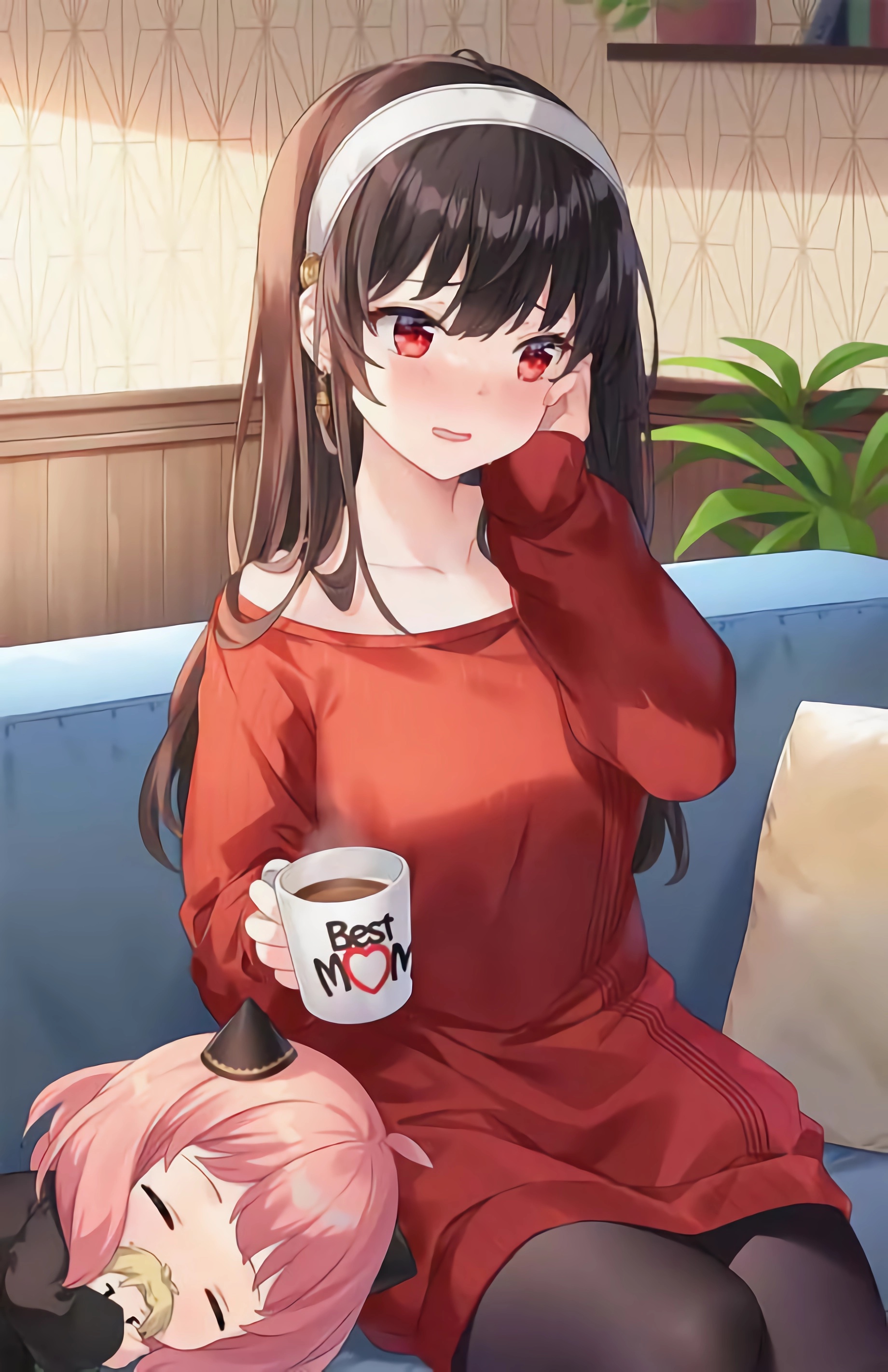 Anime 1840x2844 anime anime girls Spy x Family Yor Forger Anya Forger blushing portrait display long hair leaves cup coffee black hair red eyes lying on side closed eyes