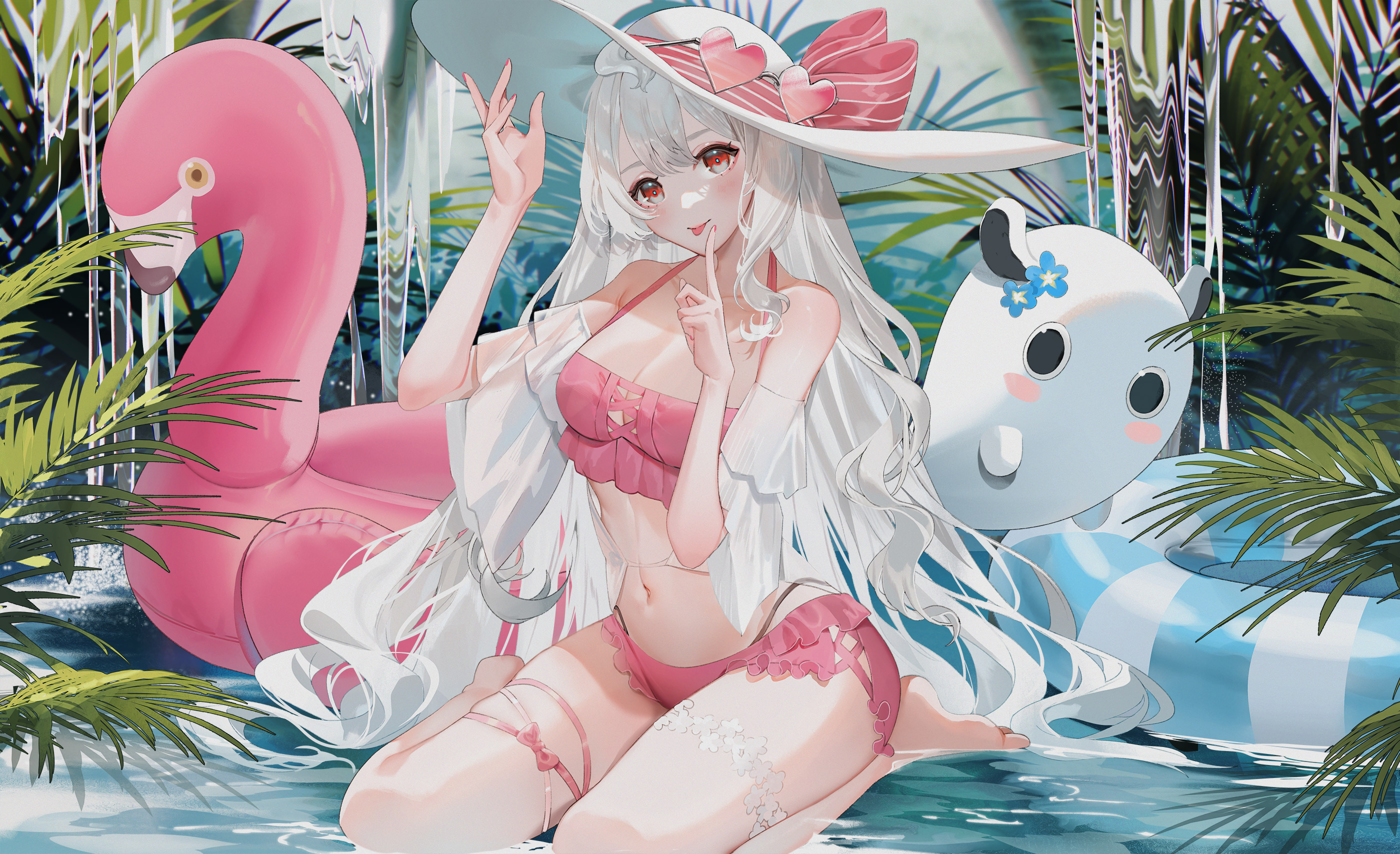 Anime 2800x1708 anime anime girls floater swimwear tongue out long hair hat water leaves sunglasses belly button belly Reimu Endou Nijisanji Virtual Youtuber shei99 collarbone looking at viewer tongues kneeling Skindentation leg ring