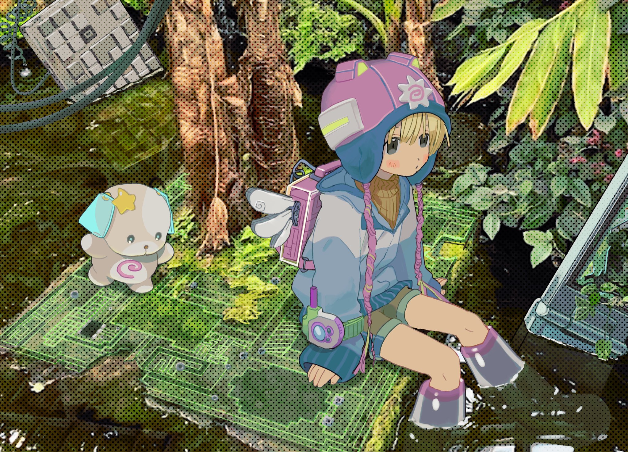 Anime 2048x1474 circuit boards forest keyboards blonde anime girls water leaves hat loli
