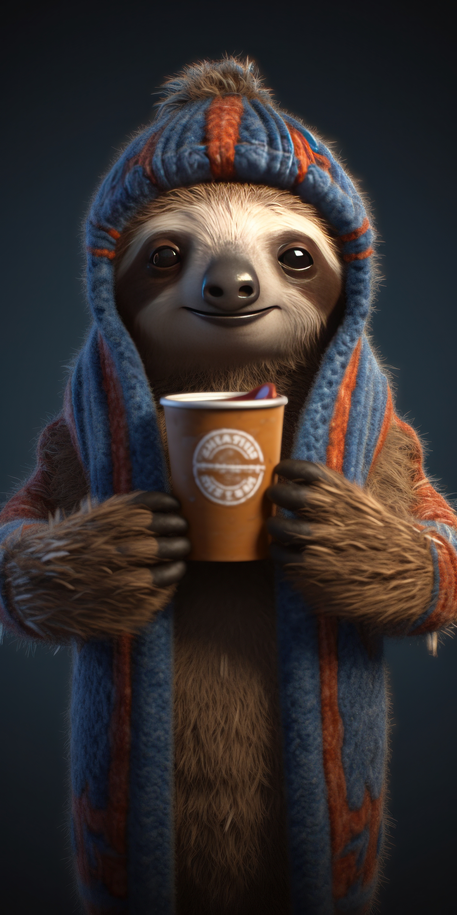 General 1536x3072 AI art portrait display sloths cup coffee scarf animals drink looking at viewer