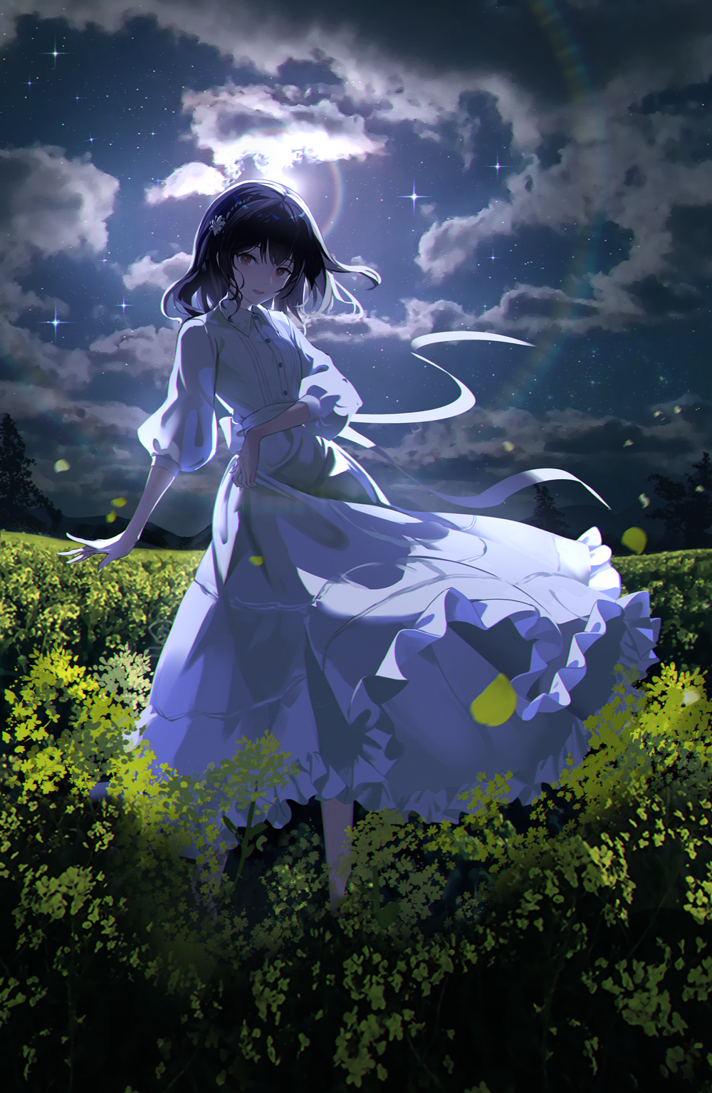 Anime 1000x1535 Niac anime girls night portrait display Rinze Morino field leaves white dress dress looking at viewer dark blue hair stars starry night starred sky sky moonlight clouds outdoors flower in hair red eyes hair ornament flowers trees smiling