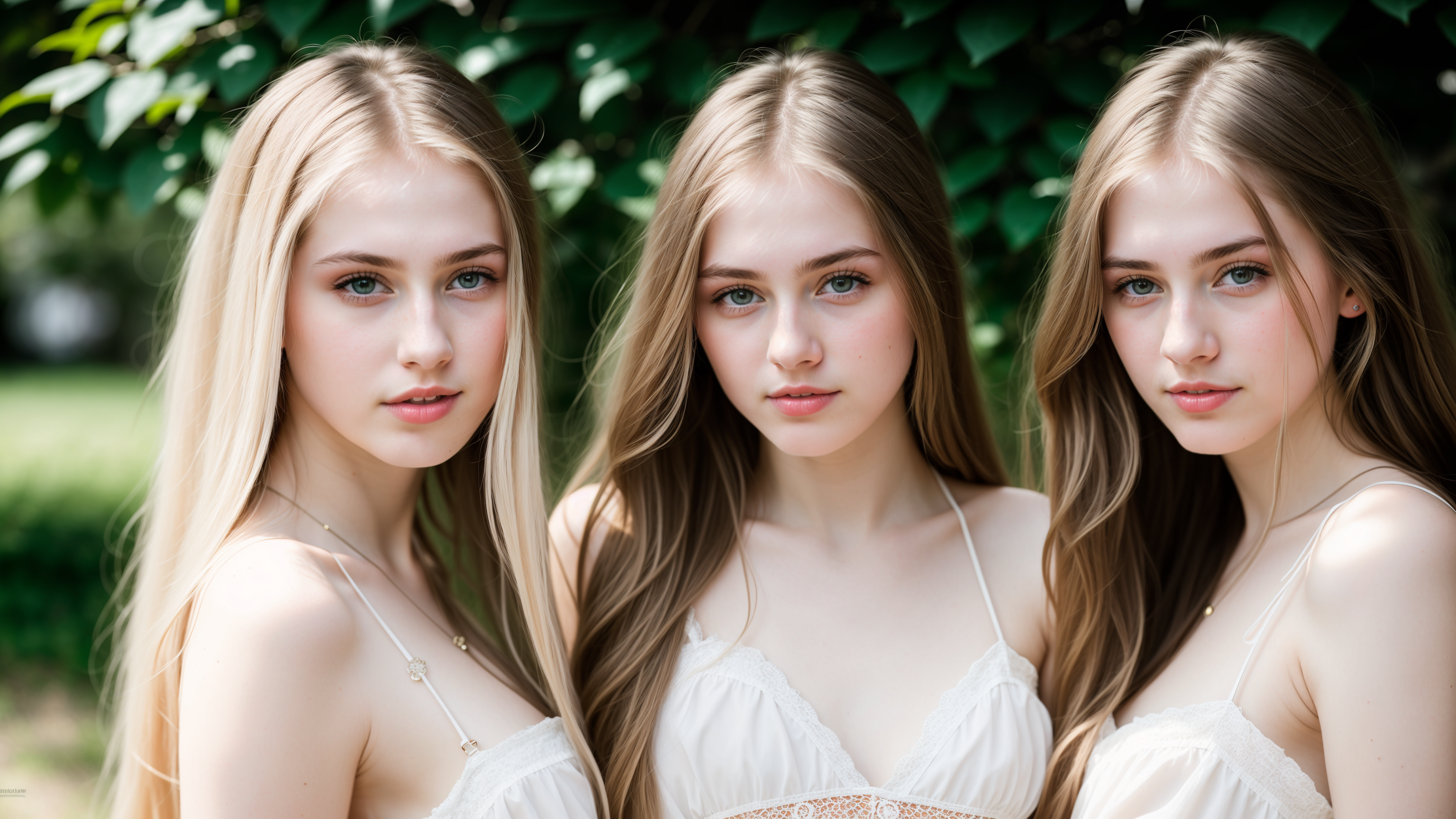General 3072x1728 AI art Stable Diffusion women blonde sisters looking at viewer nature hair   face leaves long hair young women