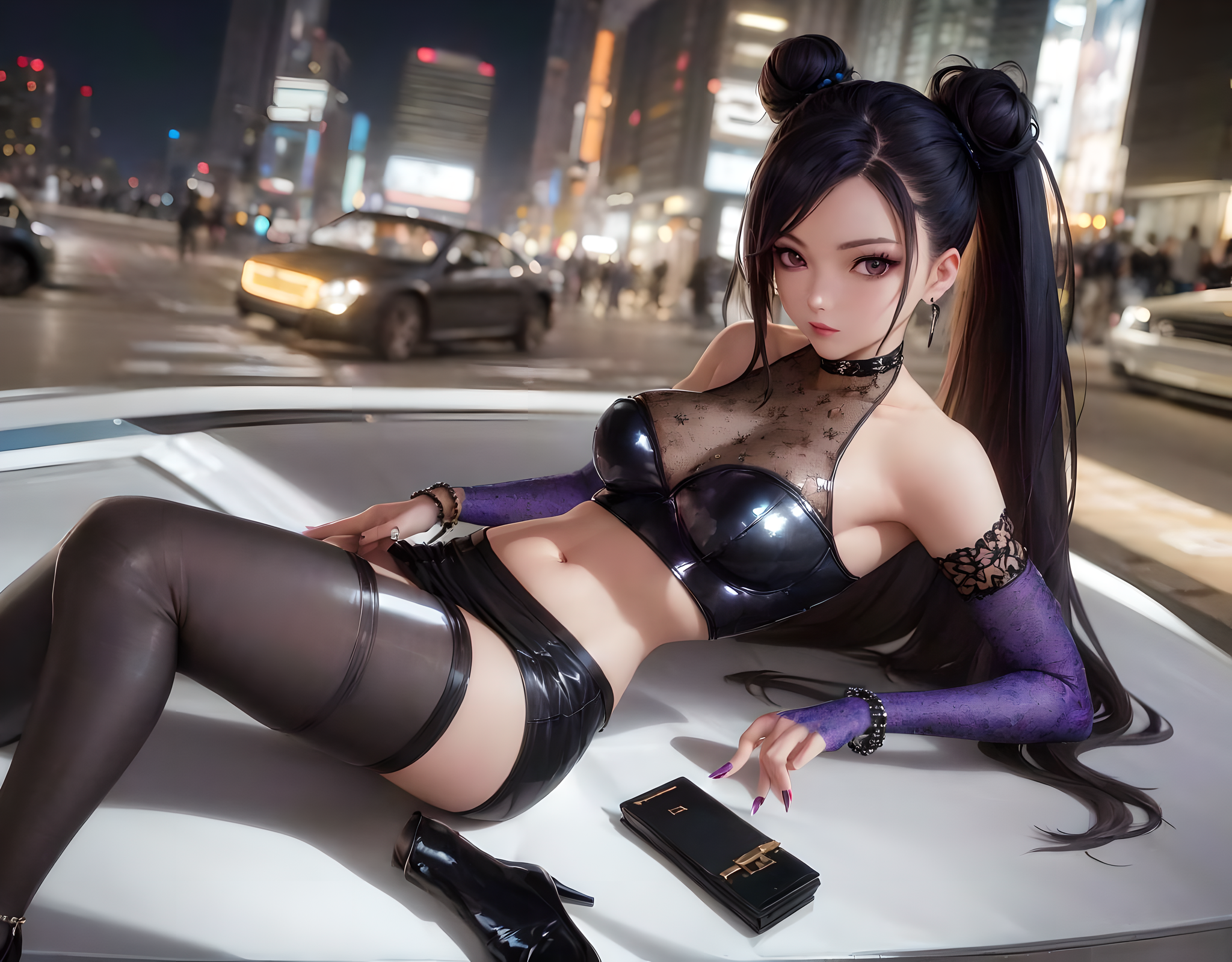 Anime 2048x1600 AI art Kai'Sa (League of Legends) KDA Kai'Sa League of Legends FluffyMammoth lying on back elbow gloves looking at viewer hairbun heels car city city lights belly belly button video games video game girls