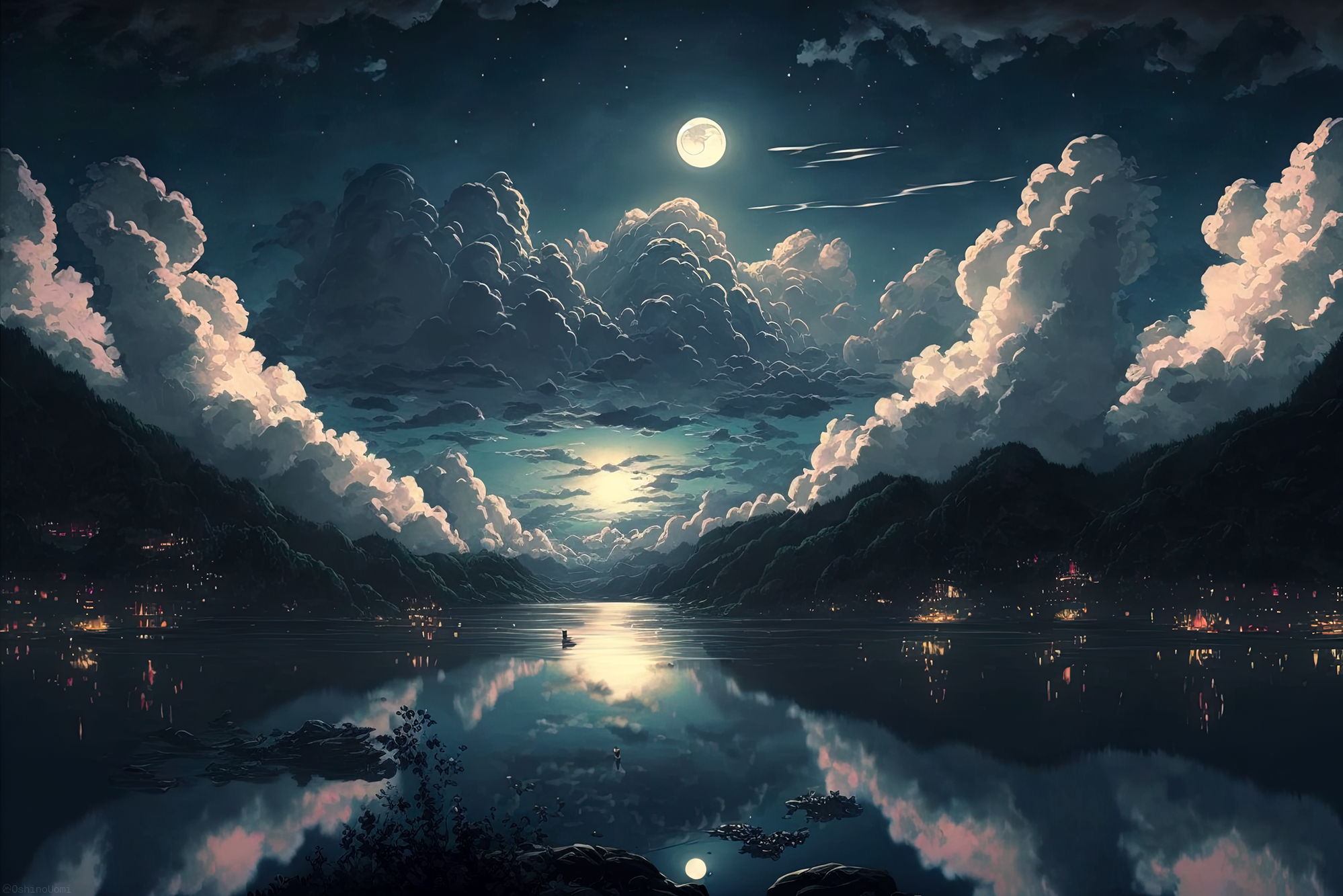 General 1998x1333 illustration AI art landscape Uomi starry night Moon night sky stars reflection water