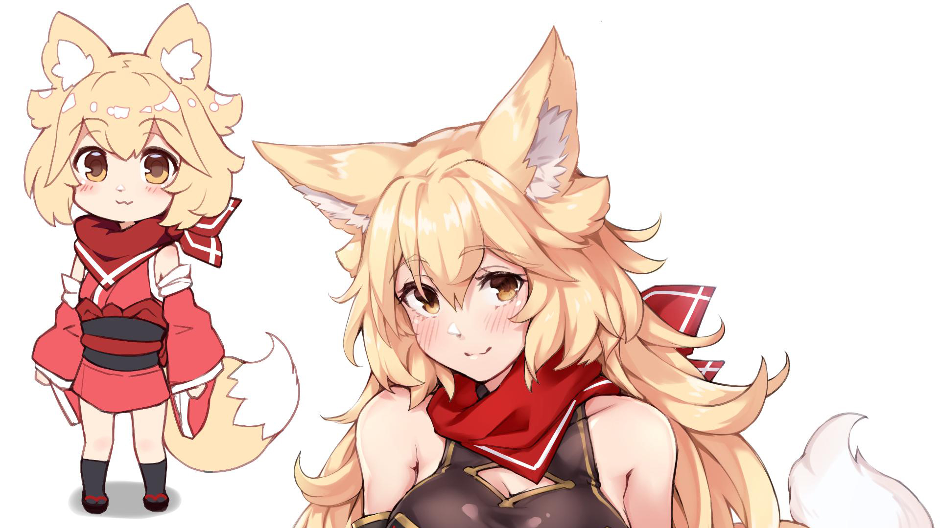 Anime 1920x1080 anime girls fox girl loli blonde simple background fox ears fox tail blushing smiling scarf