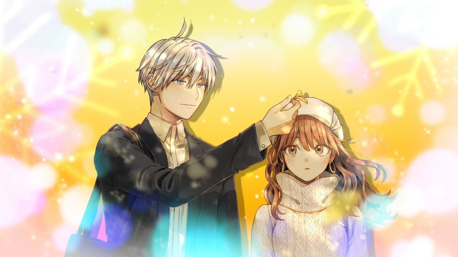 Anime 1920x1080 anime Fuyutsuki Himuro The Ice Guy and His Cool Female Colleague anime boys anime girls snowflakes earring hoop earrings sweater hat simple background minimalism