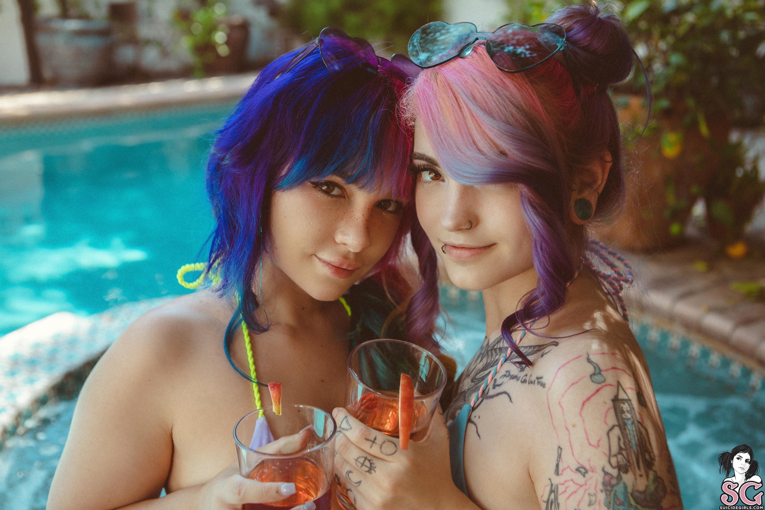 People 2560x1707 Gloom Suicide Mimo Suicide Suicide Girls dyed hair women outdoors swimming pool model women inked girls tattoo face brown eyes bokeh portrait looking at viewer