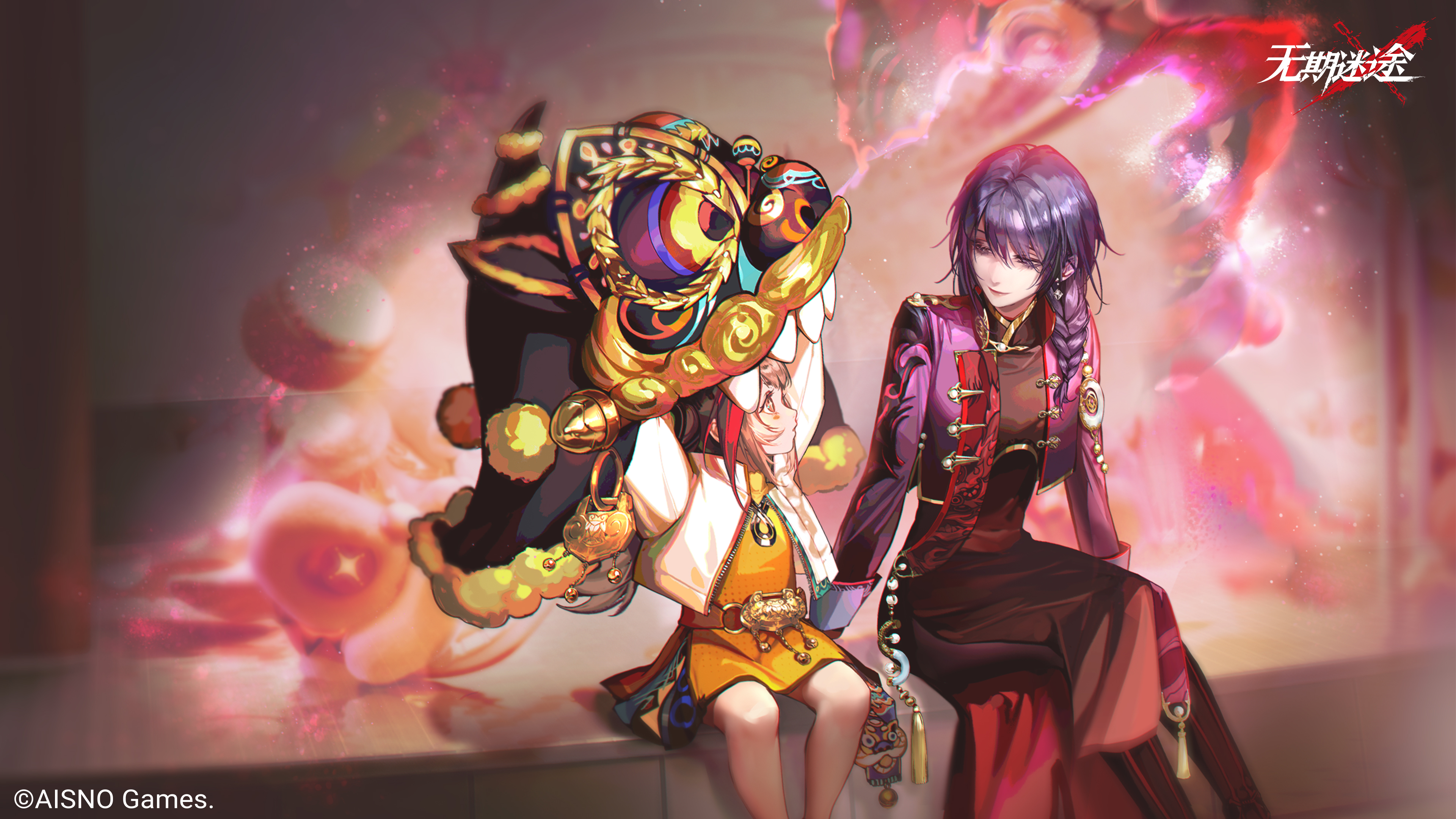 Anime 3840x2160 Path to Nowhere MBCC children purple hair Chinese dragon classy red dress
