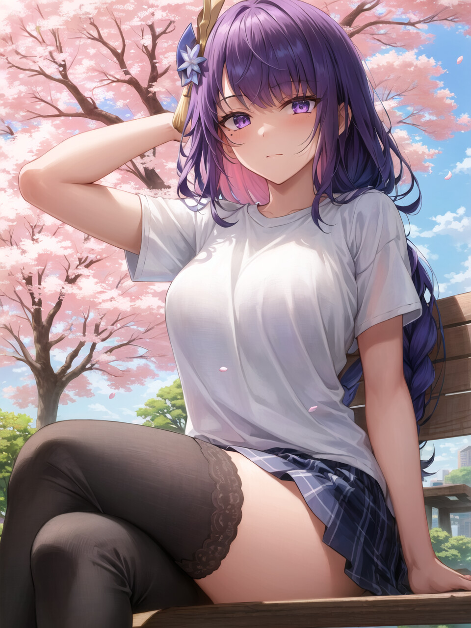 Anime 960x1280 anime anime girls portrait display legs crossed purple hair purple eyes Raiden Shogun (Genshin Impact) Genshin Impact cherry trees moles mole under eye stockings T-shirt white tops AI art Pixiv