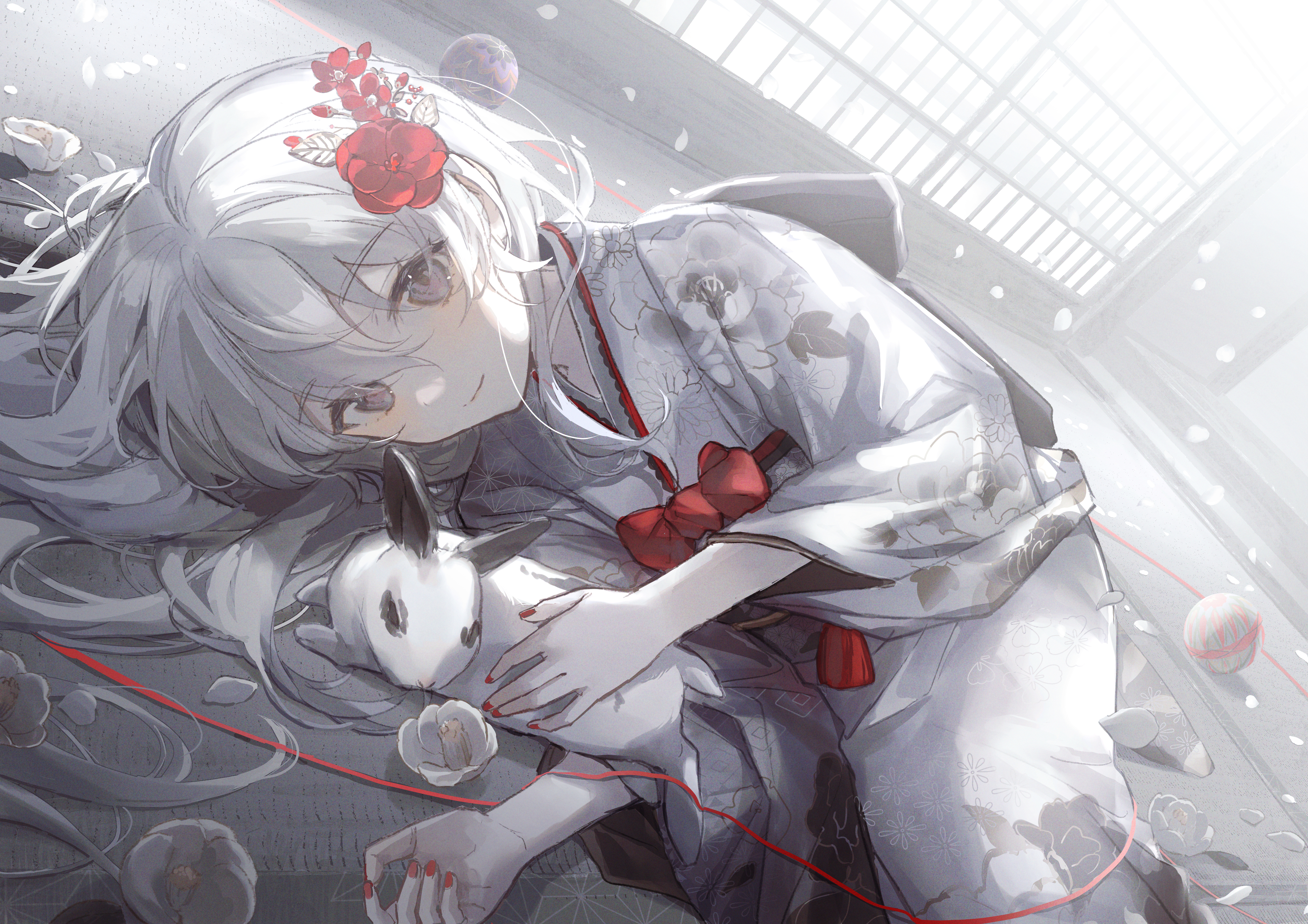 Anime 4093x2894 anime girls kimono original characters flowers lying on side silver hair gray eyes flower in hair animals rabbits looking at viewer petals smiling red nails blushing long hair wool selective coloring Oyuyu