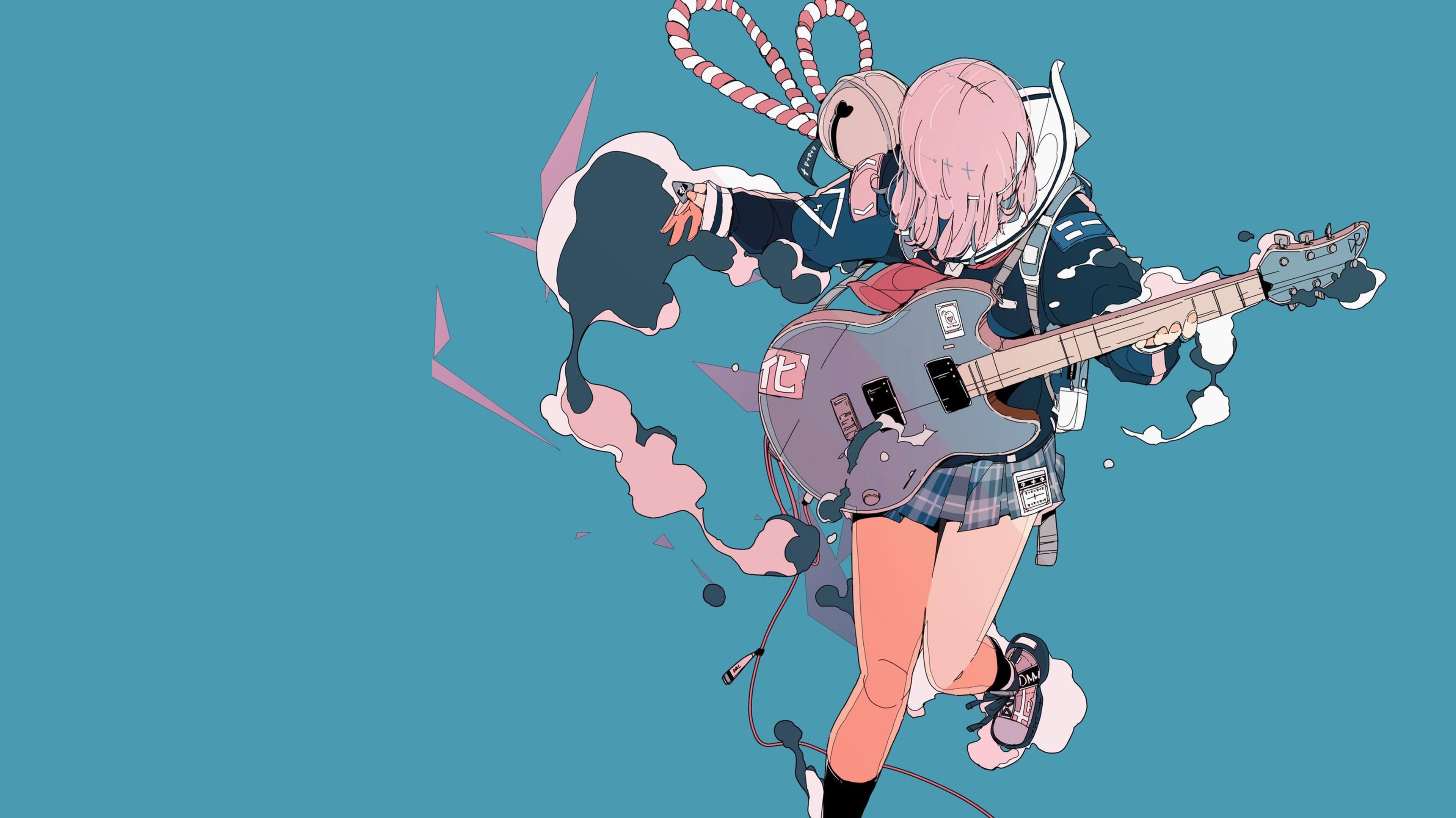 Anime 3840x2160 daisukerichard anime girls original characters minimalism guitar musical instrument bells simple background blue background