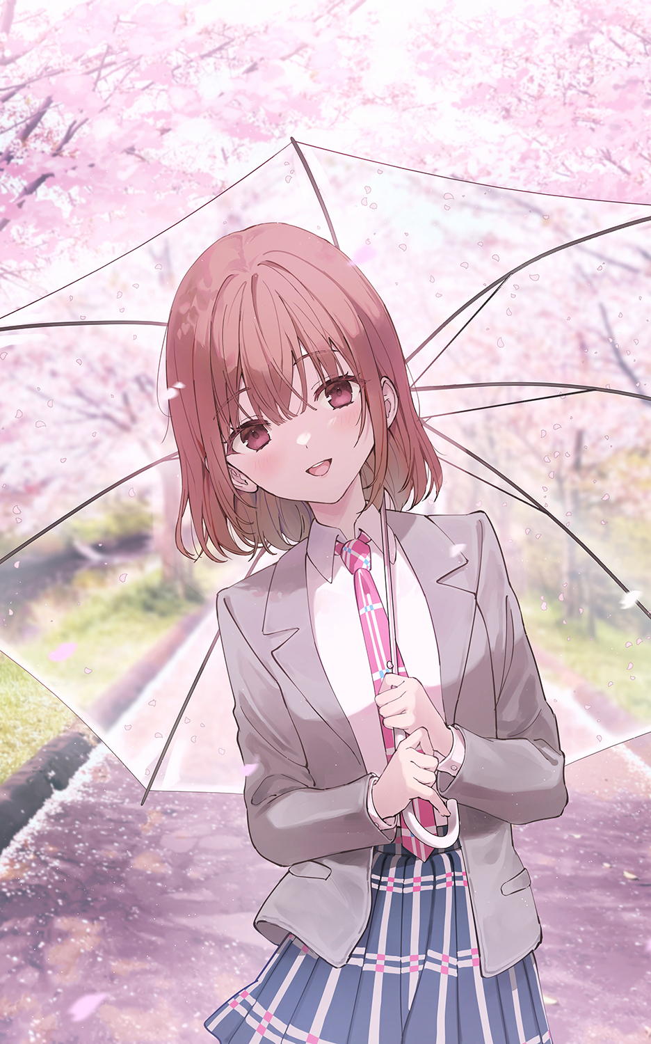 Anime 936x1500 Rangu anime girls pink hair portrait display umbrella looking at viewer schoolgirl school uniform petals short hair tie