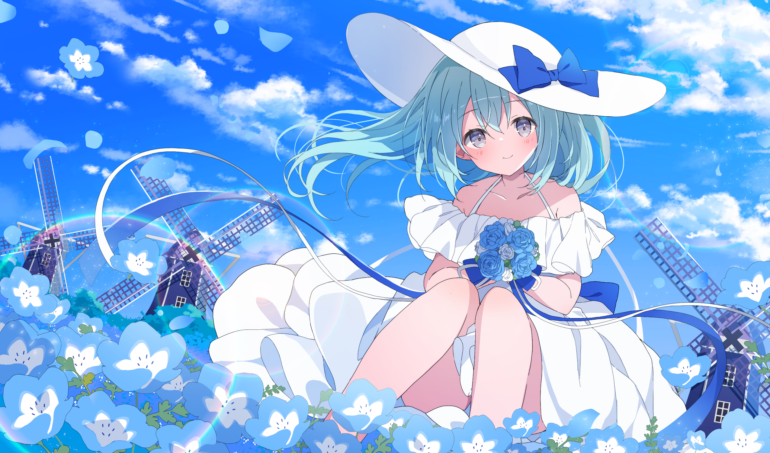 Anime 2550x1500 anime anime girls hat smiling blushing looking at viewer flowers clouds sky dress windmill petals