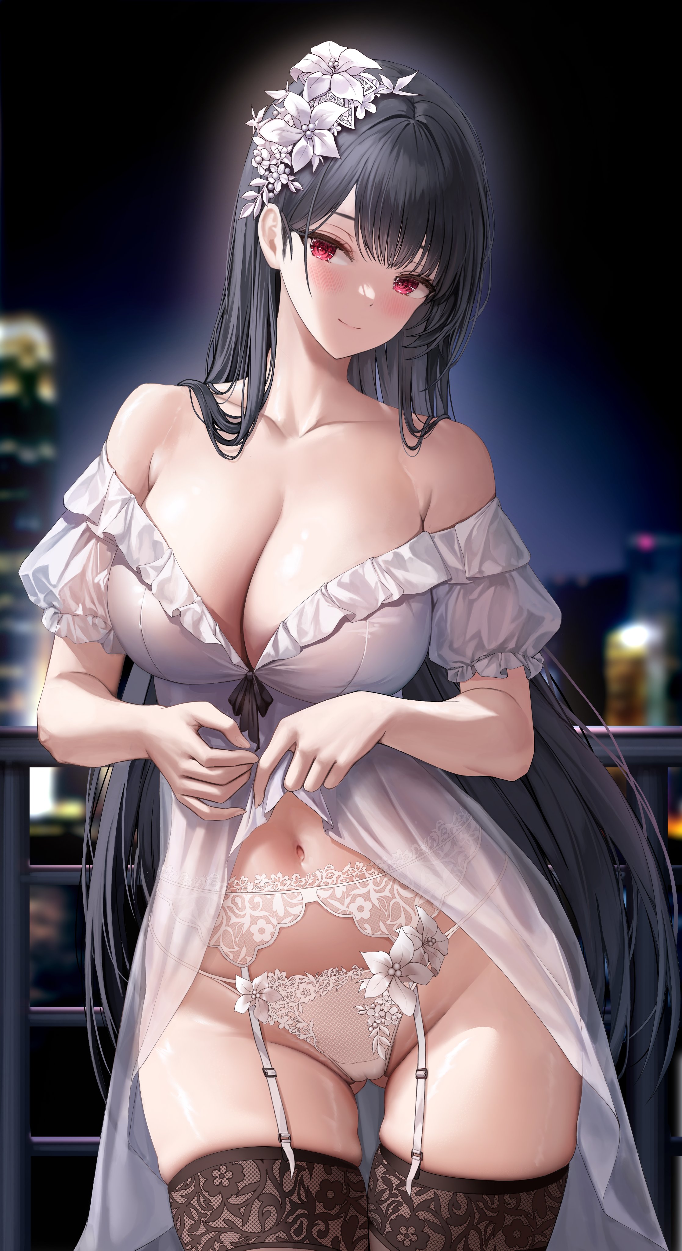 Anime 2235x4096 Torrentduck anime girls portrait display night long hair black hair red eyes head tilt nightgown blushing smiling hair ornament flower in hair cleavage panties white panties stockings black stockings big boobs garter belt garter straps lingerie bare shoulders thighs underwear balcony lace lingerie belly button belly looking at viewer city lights flowers