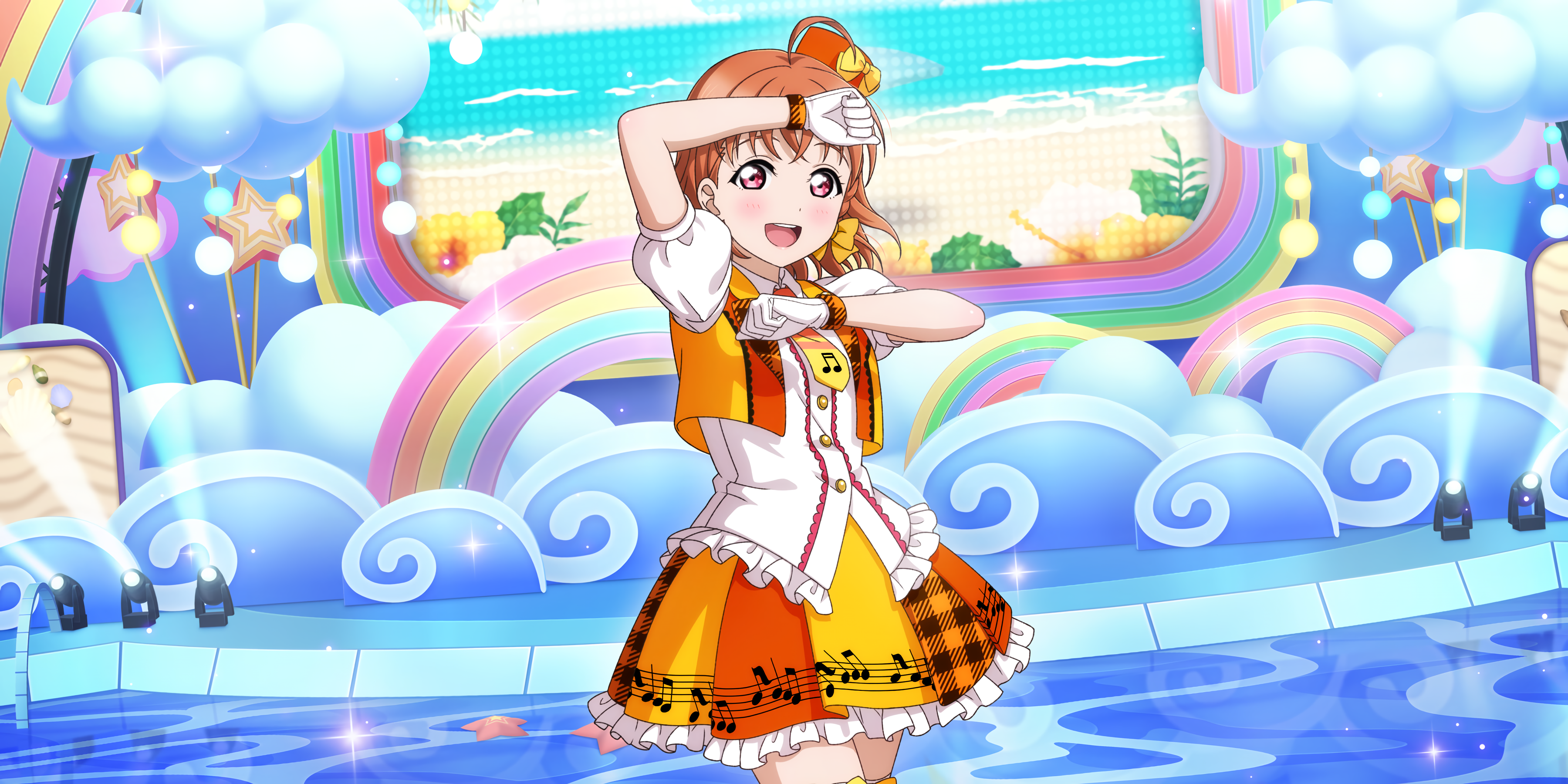 Anime 3600x1800 Takami Chika Love Live! Love Live! Sunshine anime girls anime gloves stars stages stage light dress musical notes clouds looking at viewer