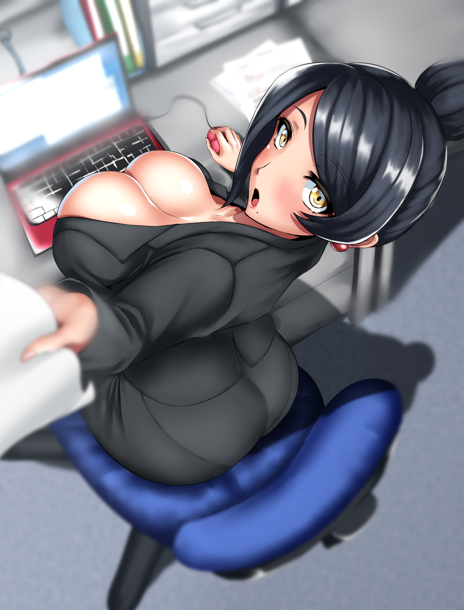 Anime 1600x2100 office girl ecchi anime girls thick thigh boobs CHICA pantylines portrait display looking at viewer cleavage short hair moles mole under mouth laptop chair sitting