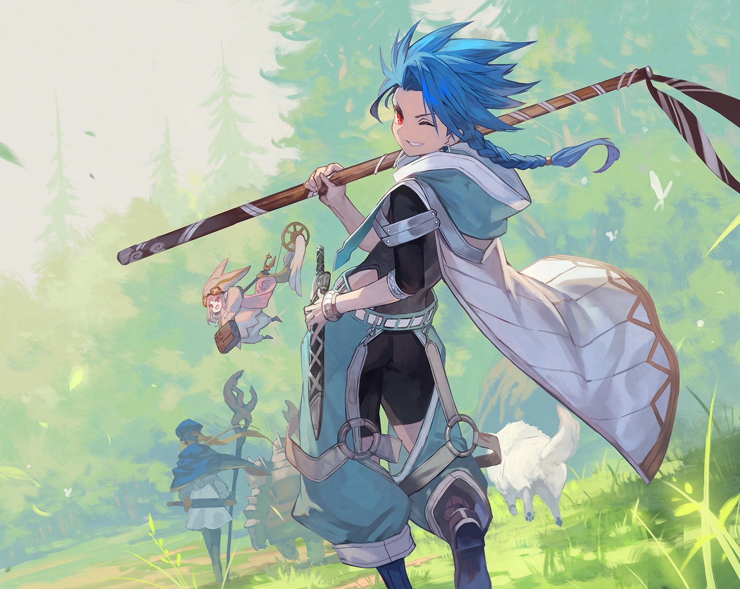 Anime 1500x1194 anime boys blue hair staff Fate series Fate/Grand Order one eye closed braids looking at viewer weapon grass