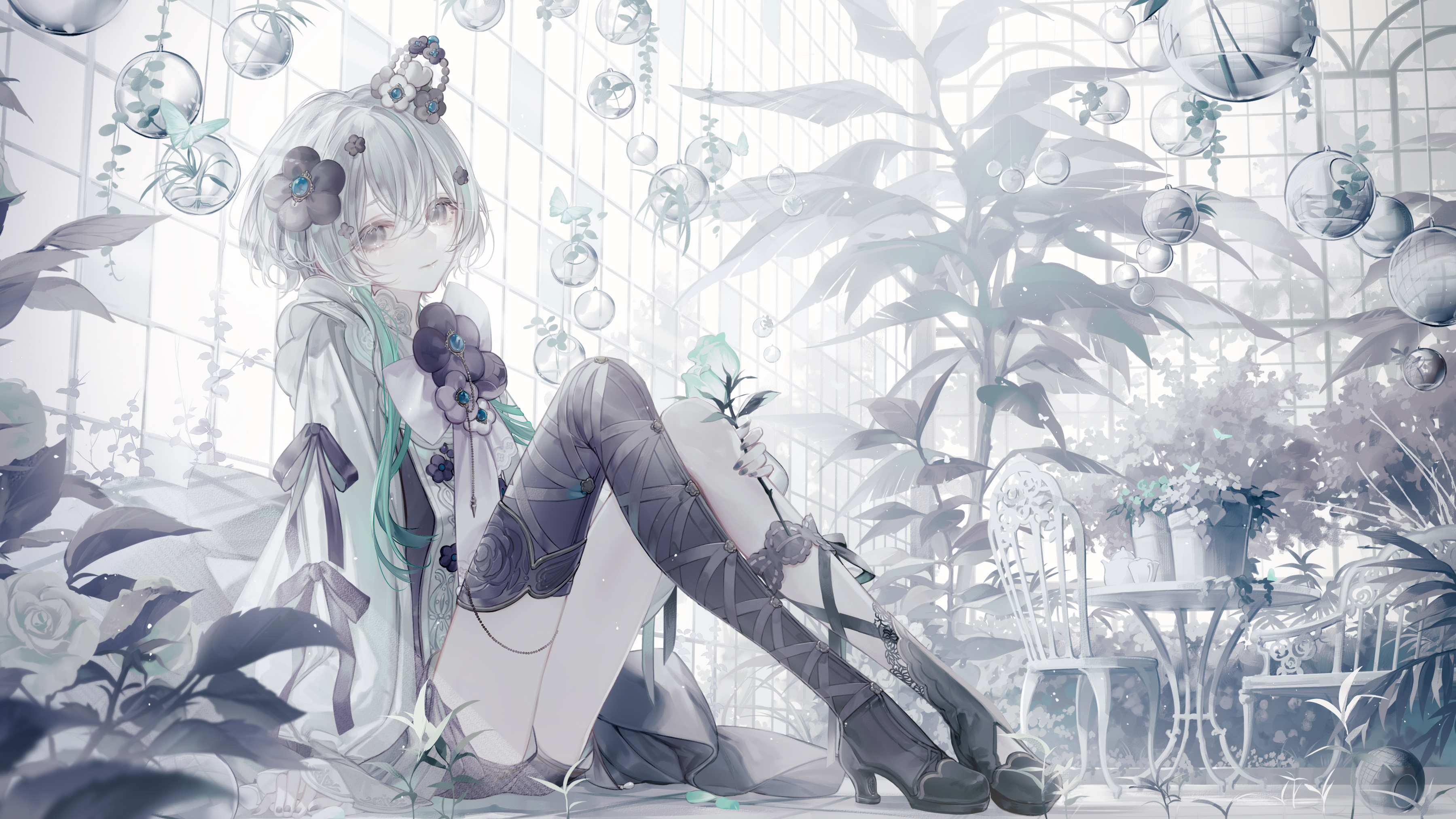Anime 3600x2025 anime anime girls looking at viewer leaves short hair plants chair flower in hair
