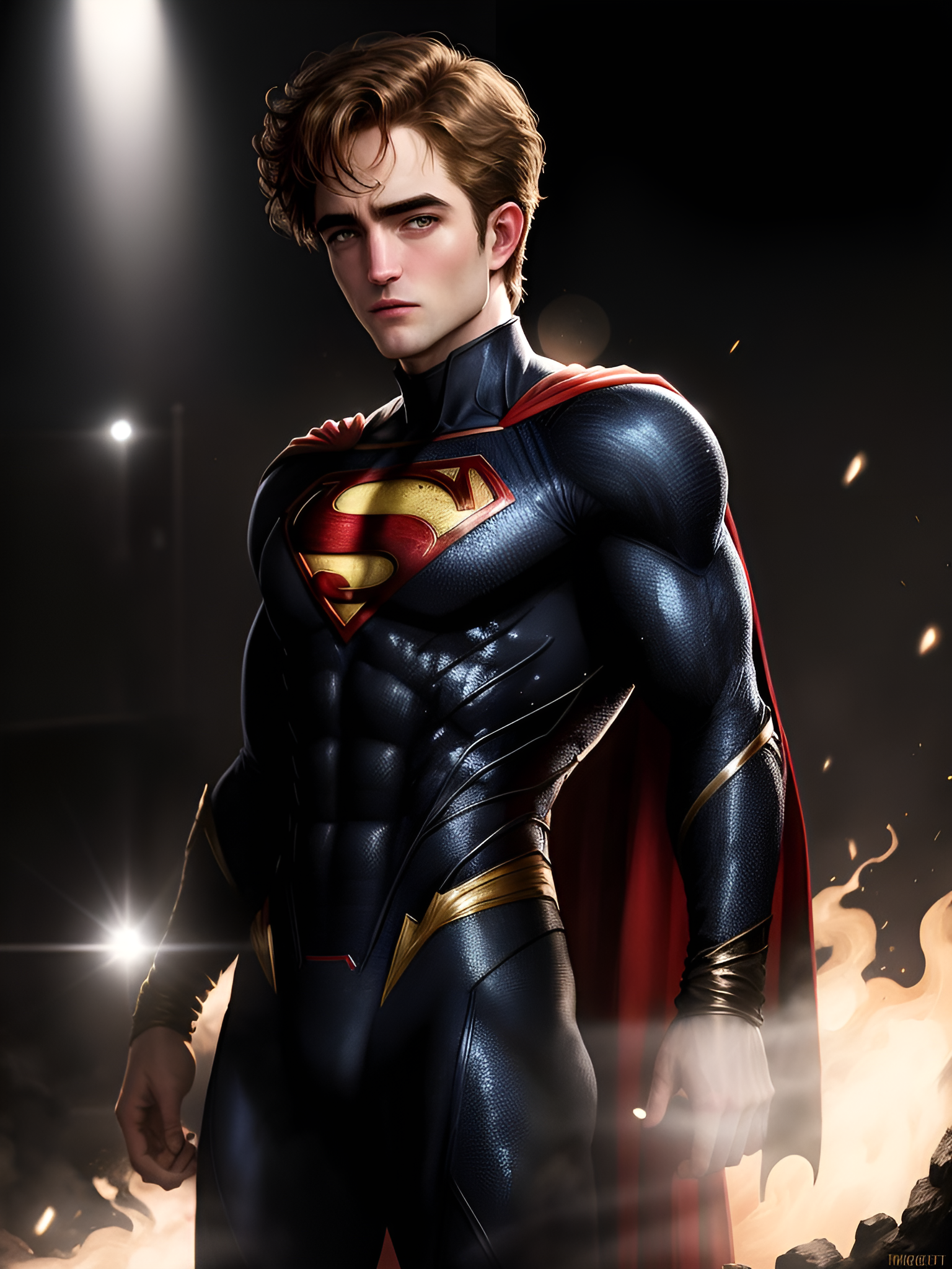 General 1536x2048 AI art DC Comics Robert Pattinson Superman portrait display superhero muscles looking at viewer cape