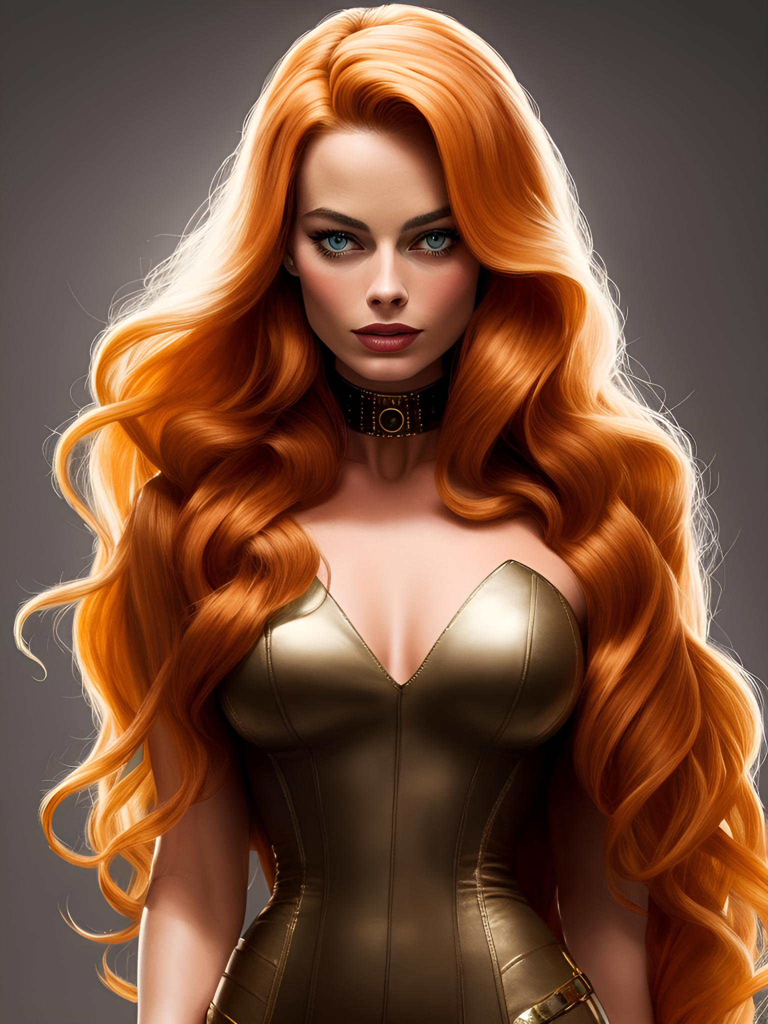 General 1536x2048 Margot Robbie AI art portrait display long hair women looking at viewer simple background choker redhead Golden Clothing blue eyes