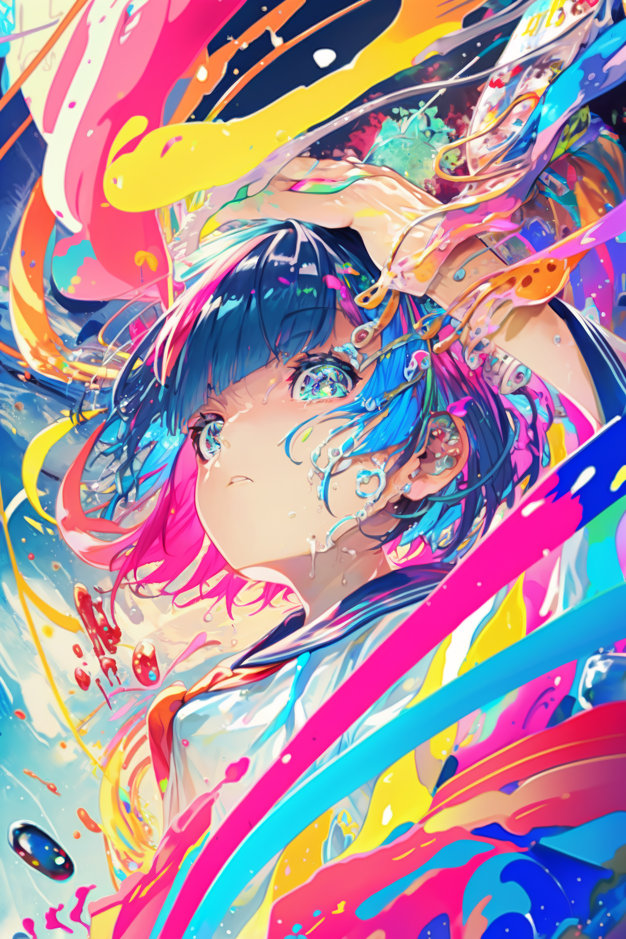 Anime 2048x3072 anime AI art colorful portrait display short hair blue eyes school uniform schoolgirl multi colored dress face low-angle paint splash anime girls looking at viewer