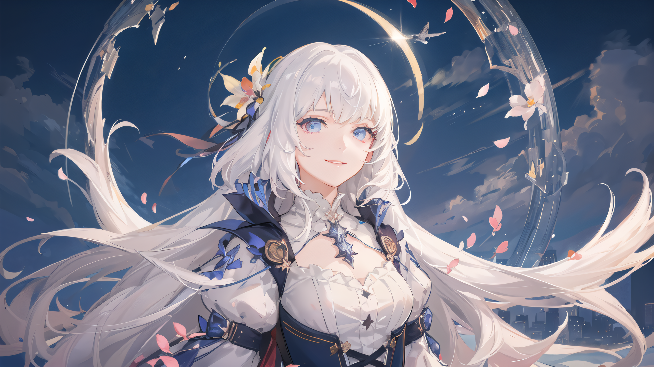 Anime 2560x1440 white hair AI art anime girls blue eyes looking at viewer smiling flower in hair long hair petals sky clouds