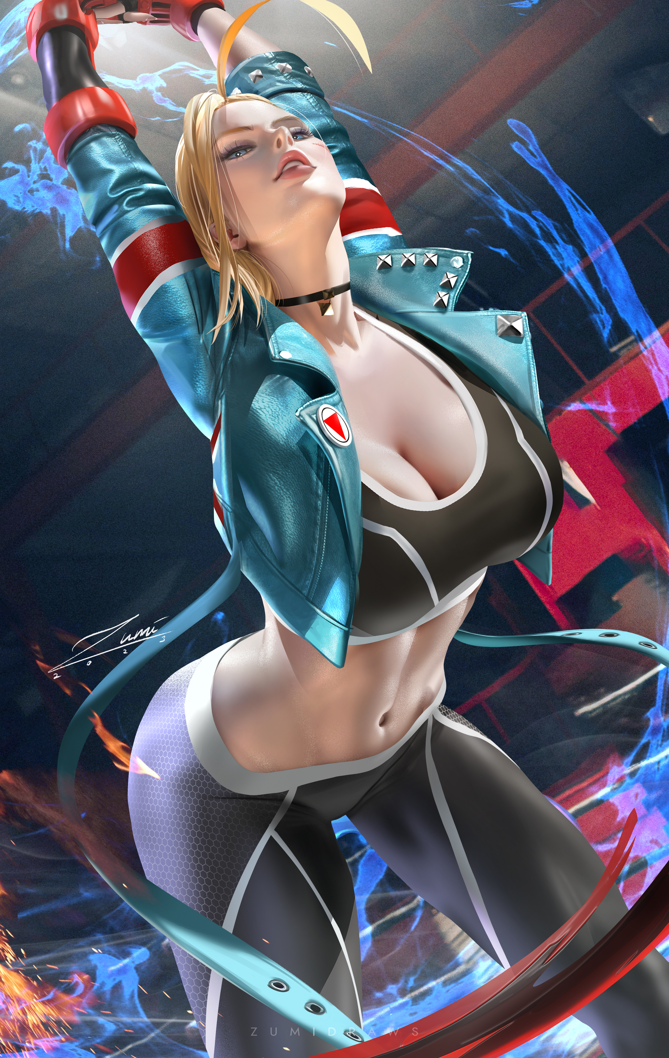 General 2220x3508 illustration artwork digital art fan art drawing Zumi cleavage belly belly button Cammy White Street Fighter video games video game art video game girls video game characters blonde jacket choker arms up portrait display stretching
