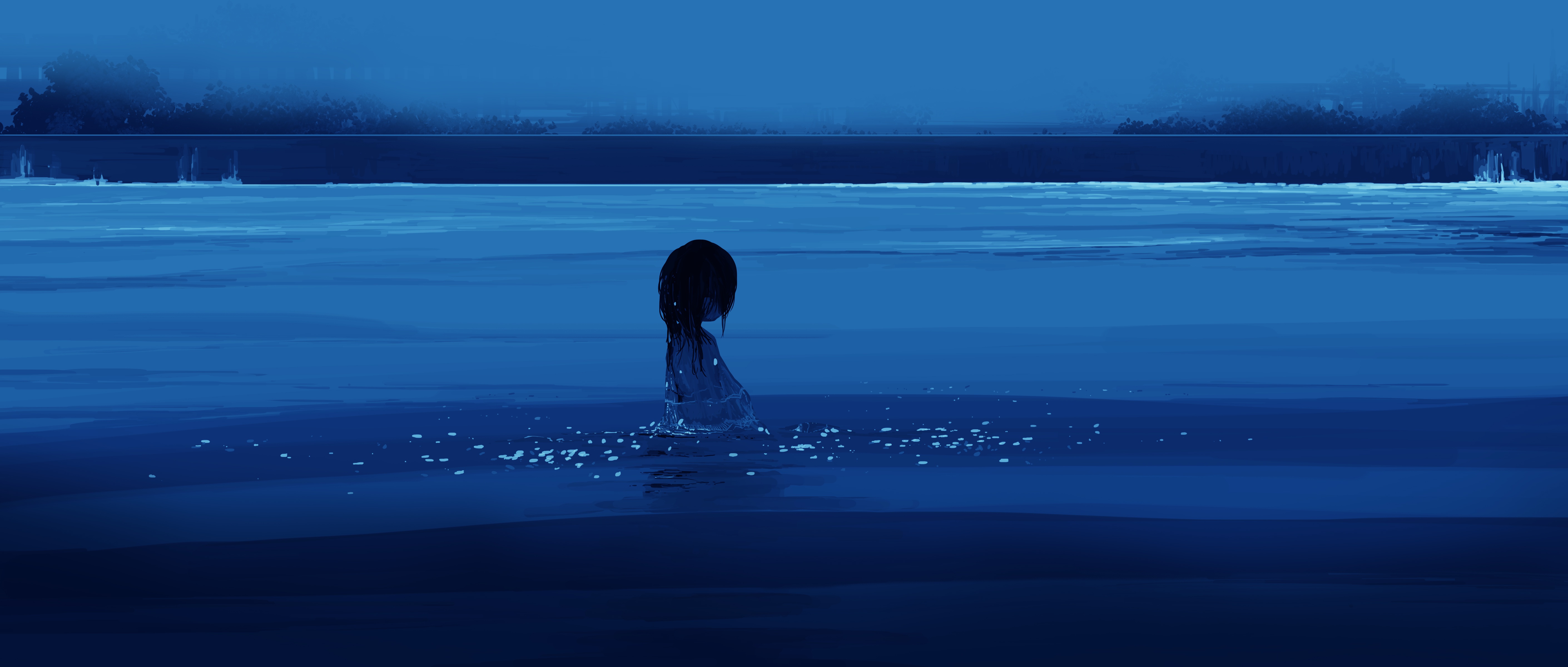 Anime 5640x2400 anime girls sea water swimming in water minimalism simple background short hair Gracile
