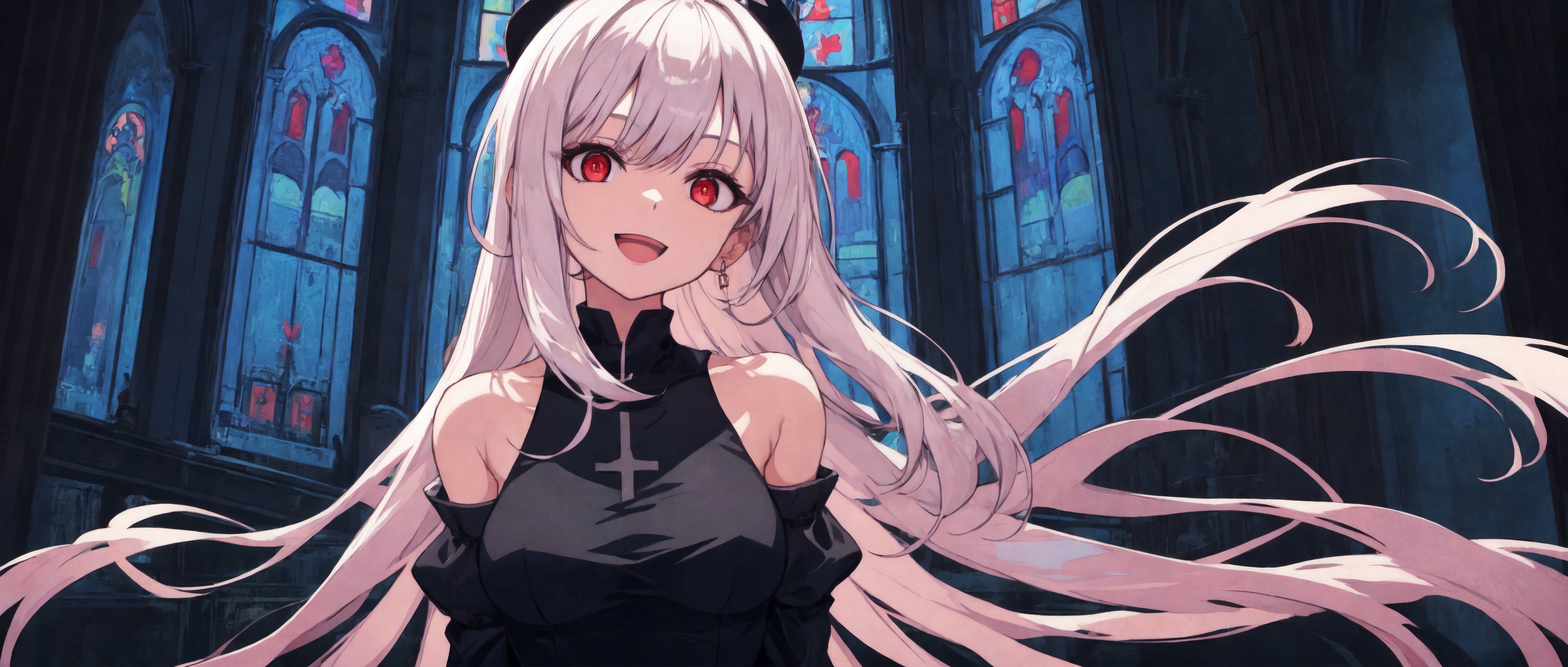 Anime 5152x2192 AI art anime girls red eyes white hair church stained glass bangs inverted cross looking at viewer long hair