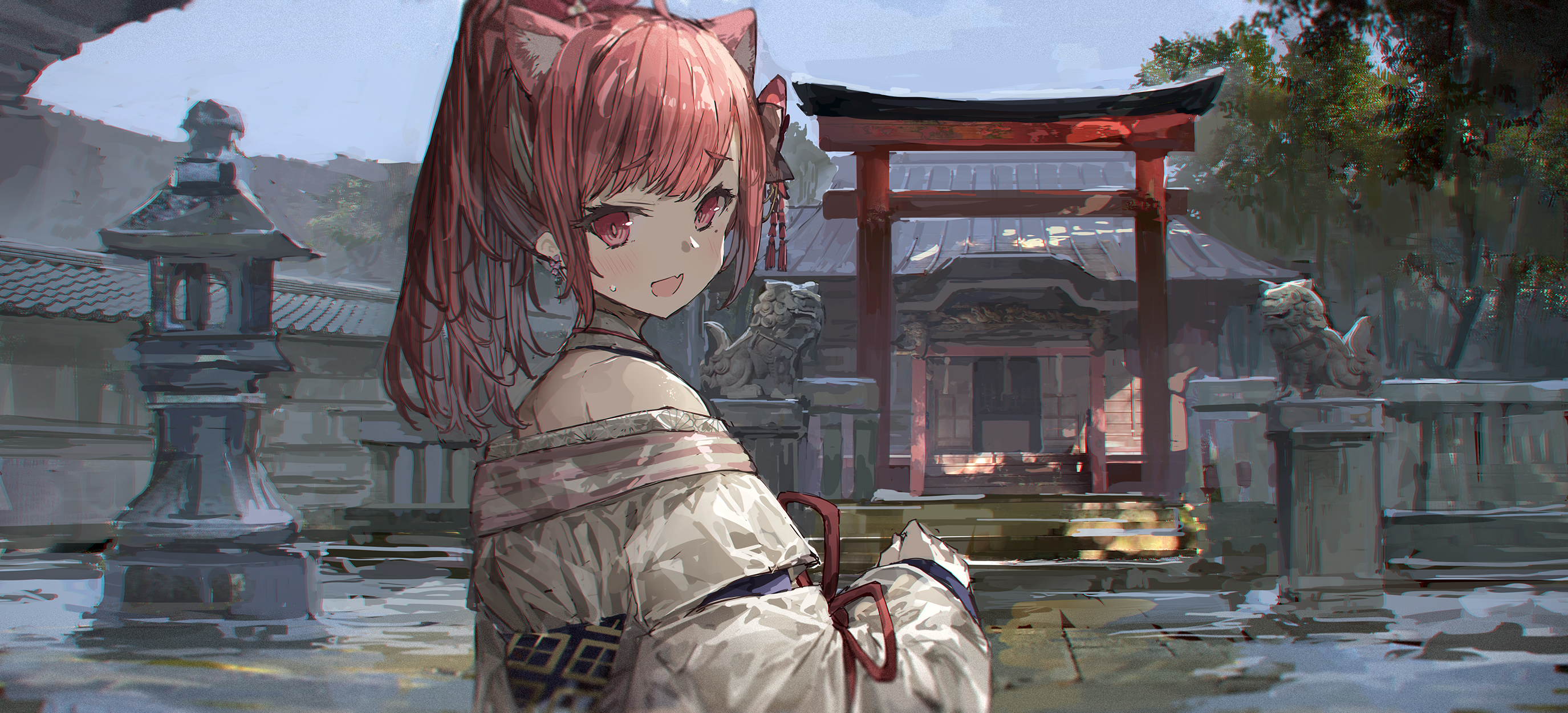 Anime 2750x1250 torii cat ears temple Japanese redhead anime girls cat girl statue moles mole under eye looking at viewer ponytail